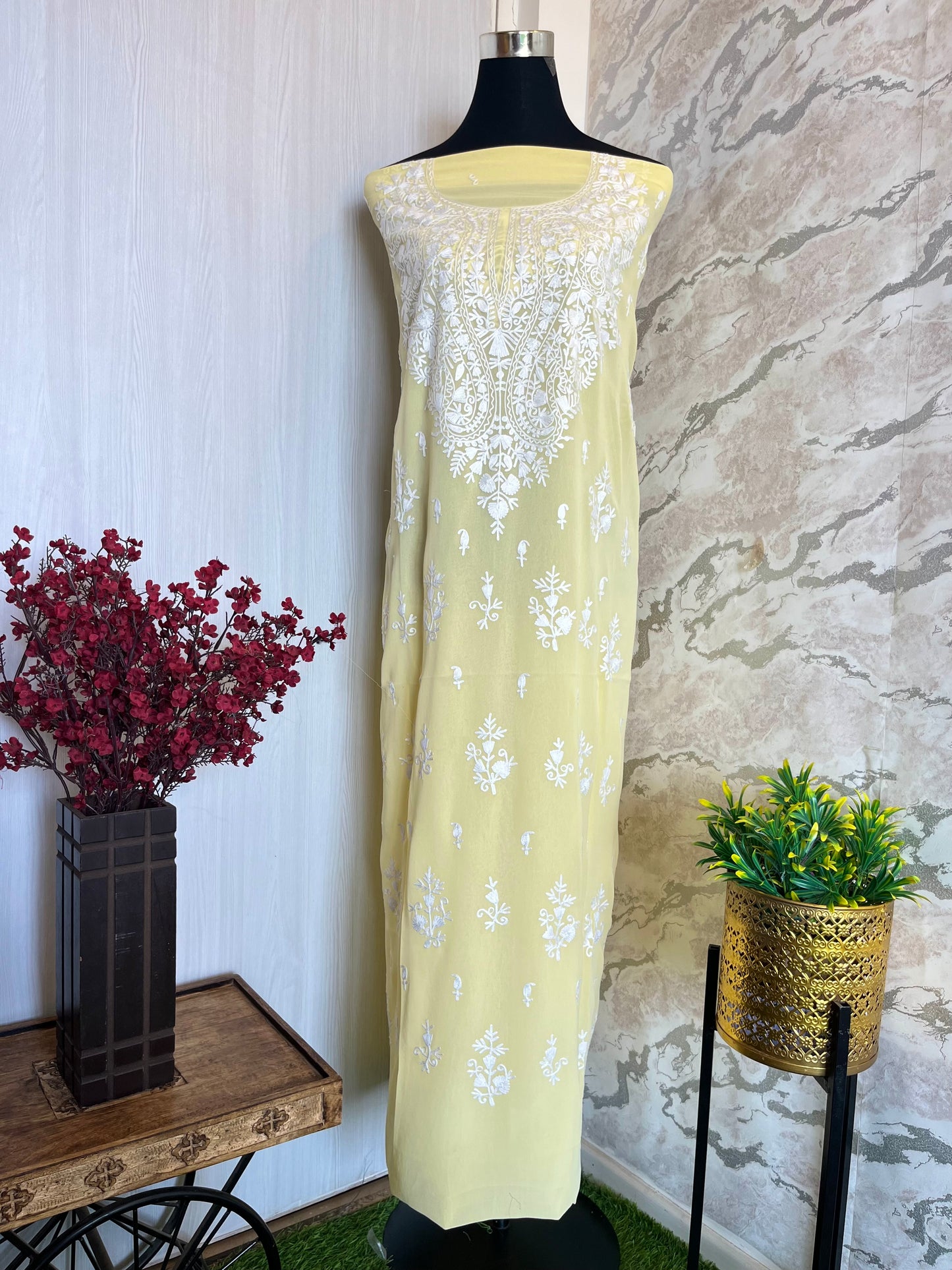 Georgette Lemon Yellow All over Work Aari Embroidered Unstitched Kurta Material