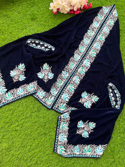 Blue Aari Embroidered Velvet Cape