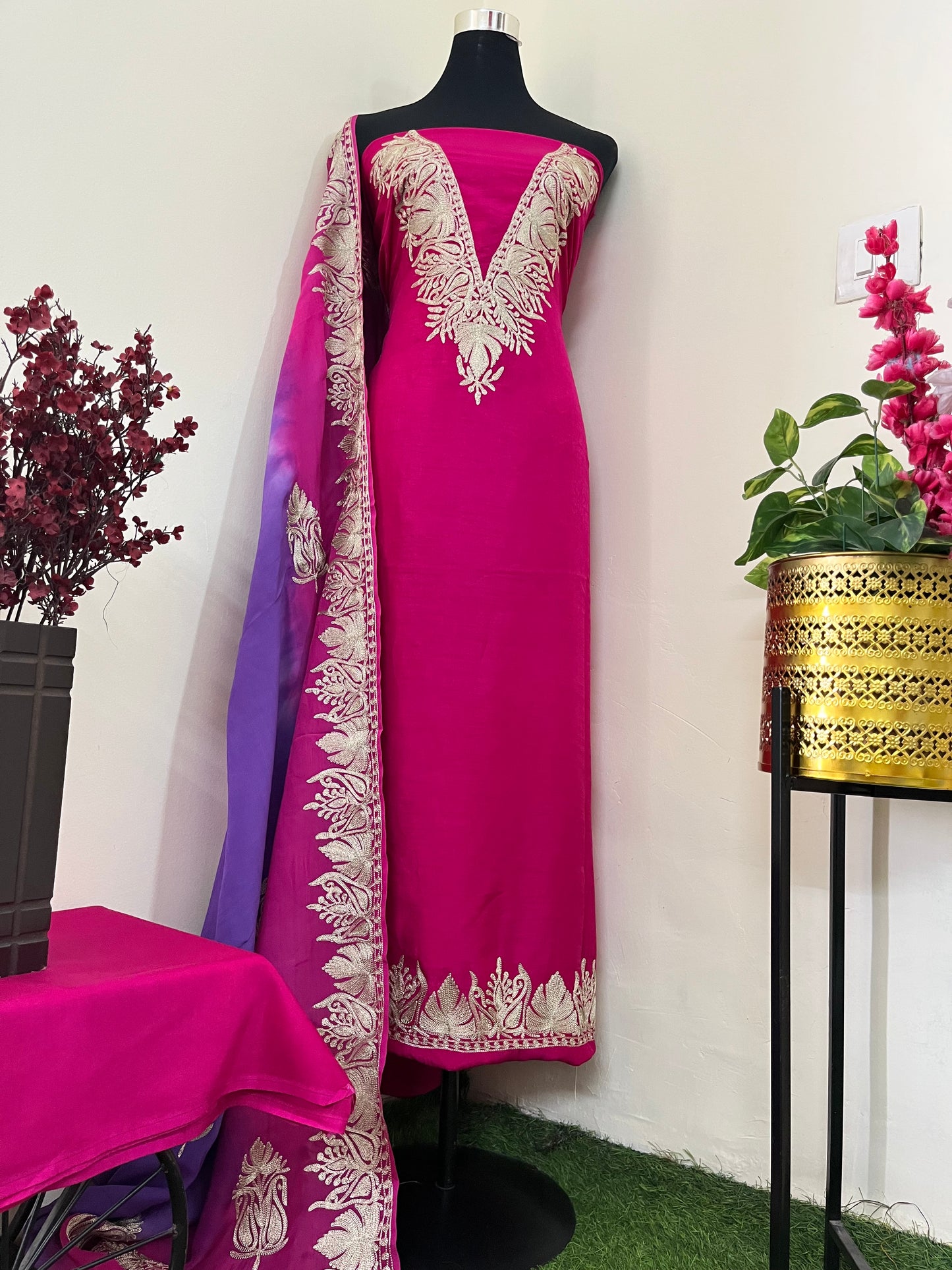 Sanam Hot Pink Silk Kashmiri Suit