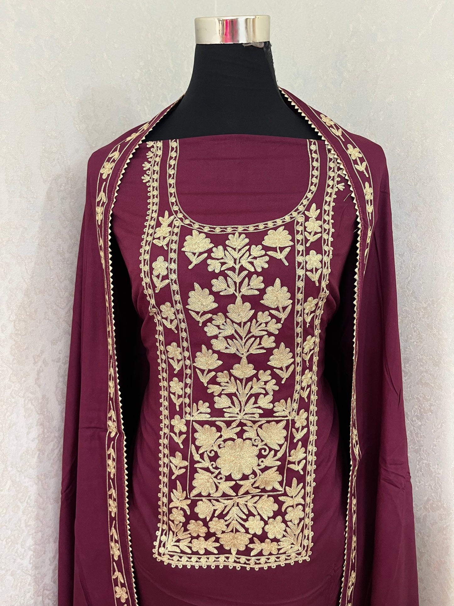 Wine Silk Pashmina Kashmiri Suit