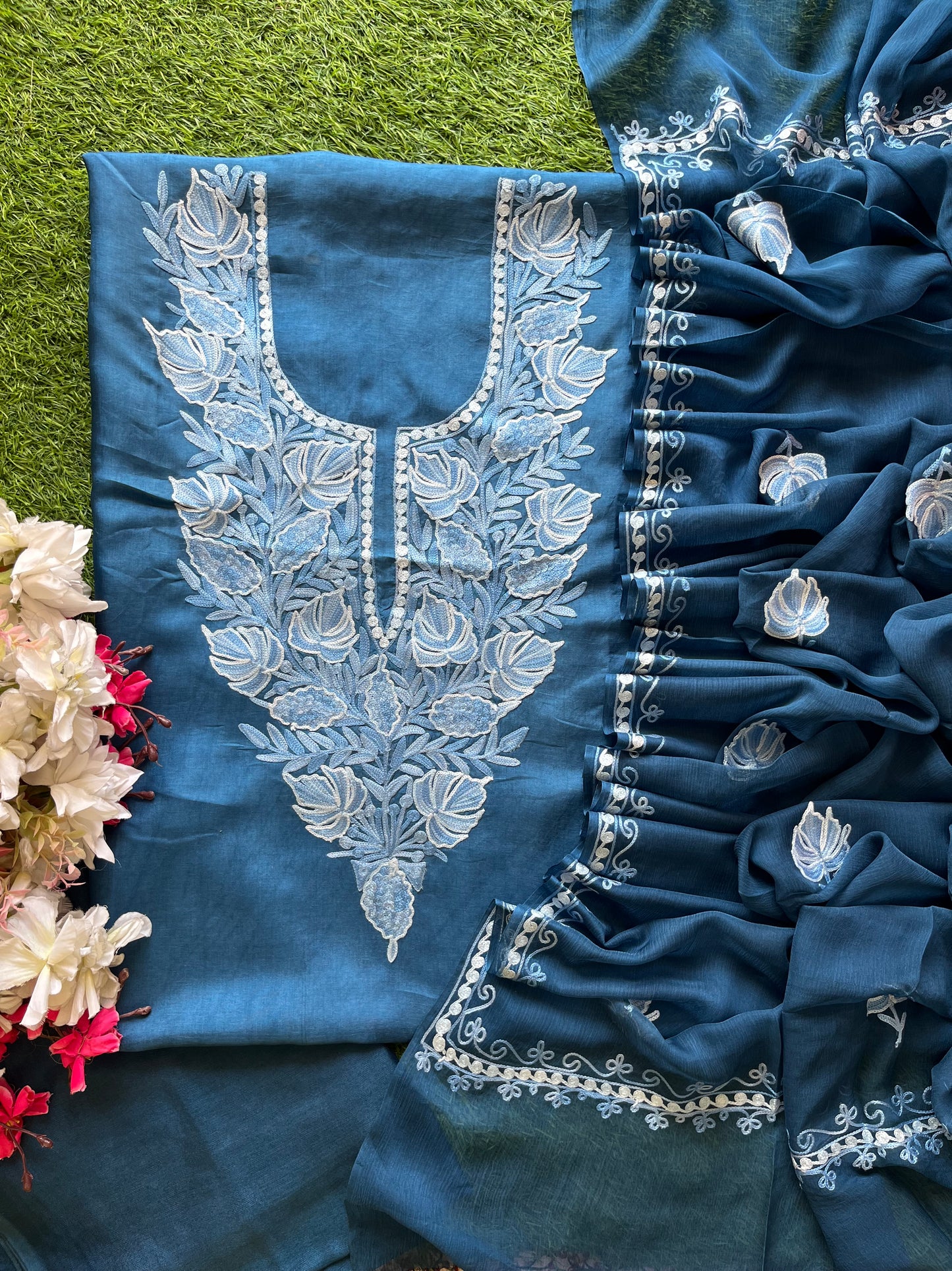 Blue Opada Silk Kashmiri Suit