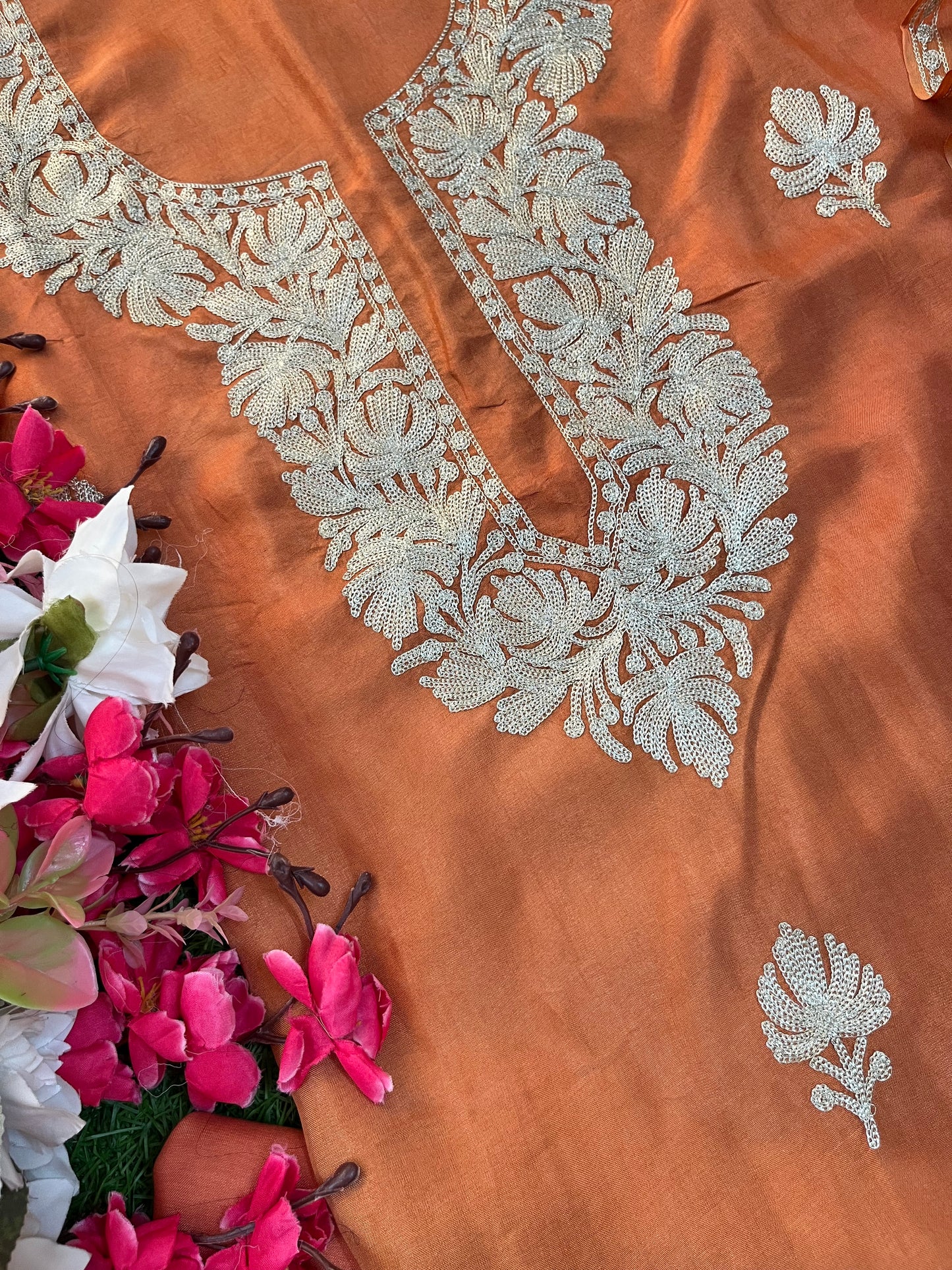 Dull Orange Silk Tilla Kashmiri Suit