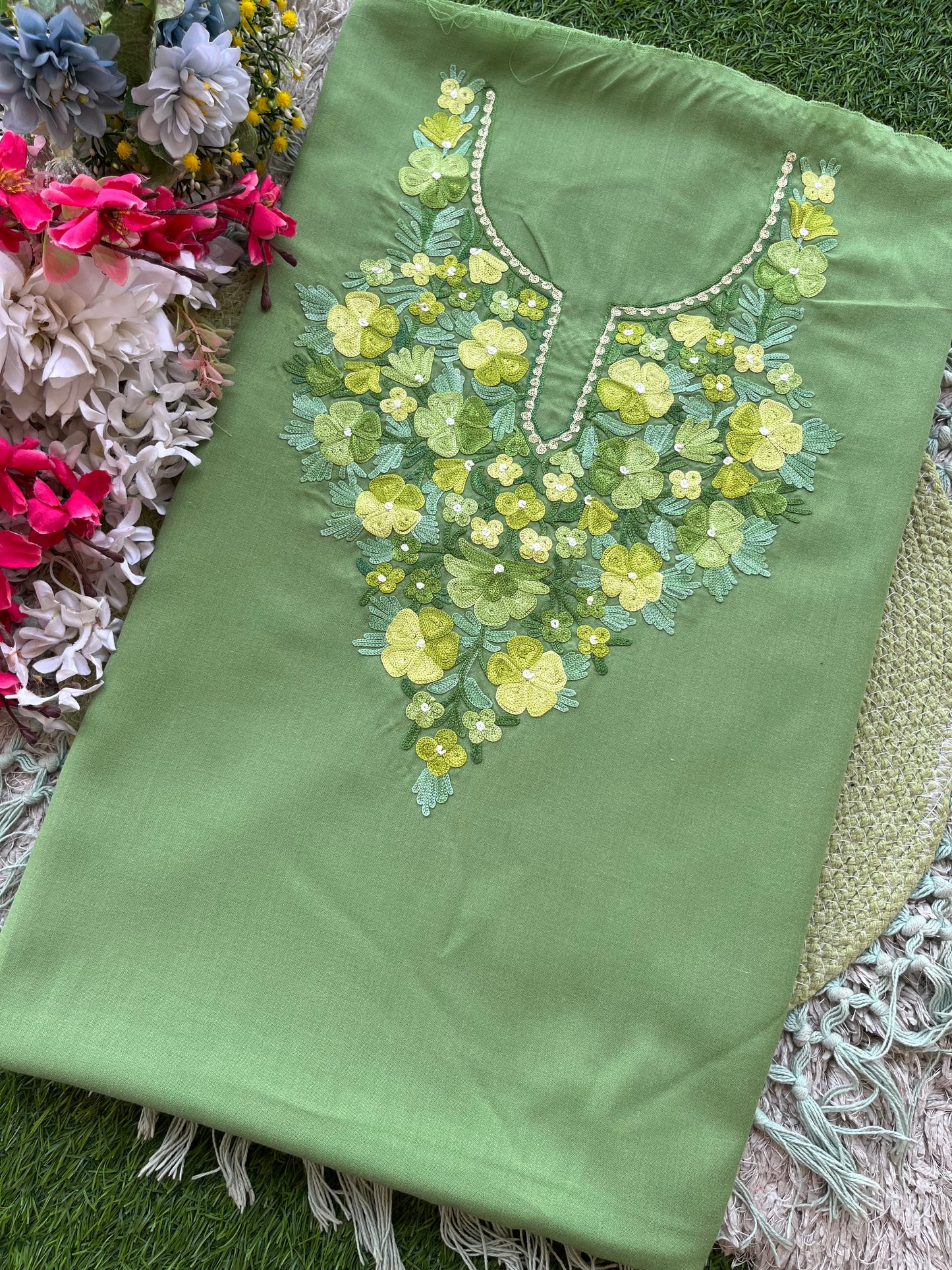 Pastel Green Aari Embroidered Cotton Suit Set