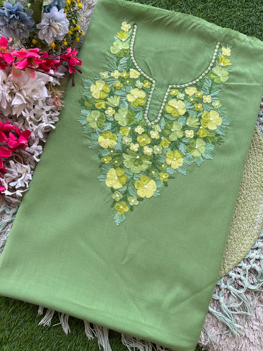 Pastel Green Aari Embroidered Cotton Suit Set