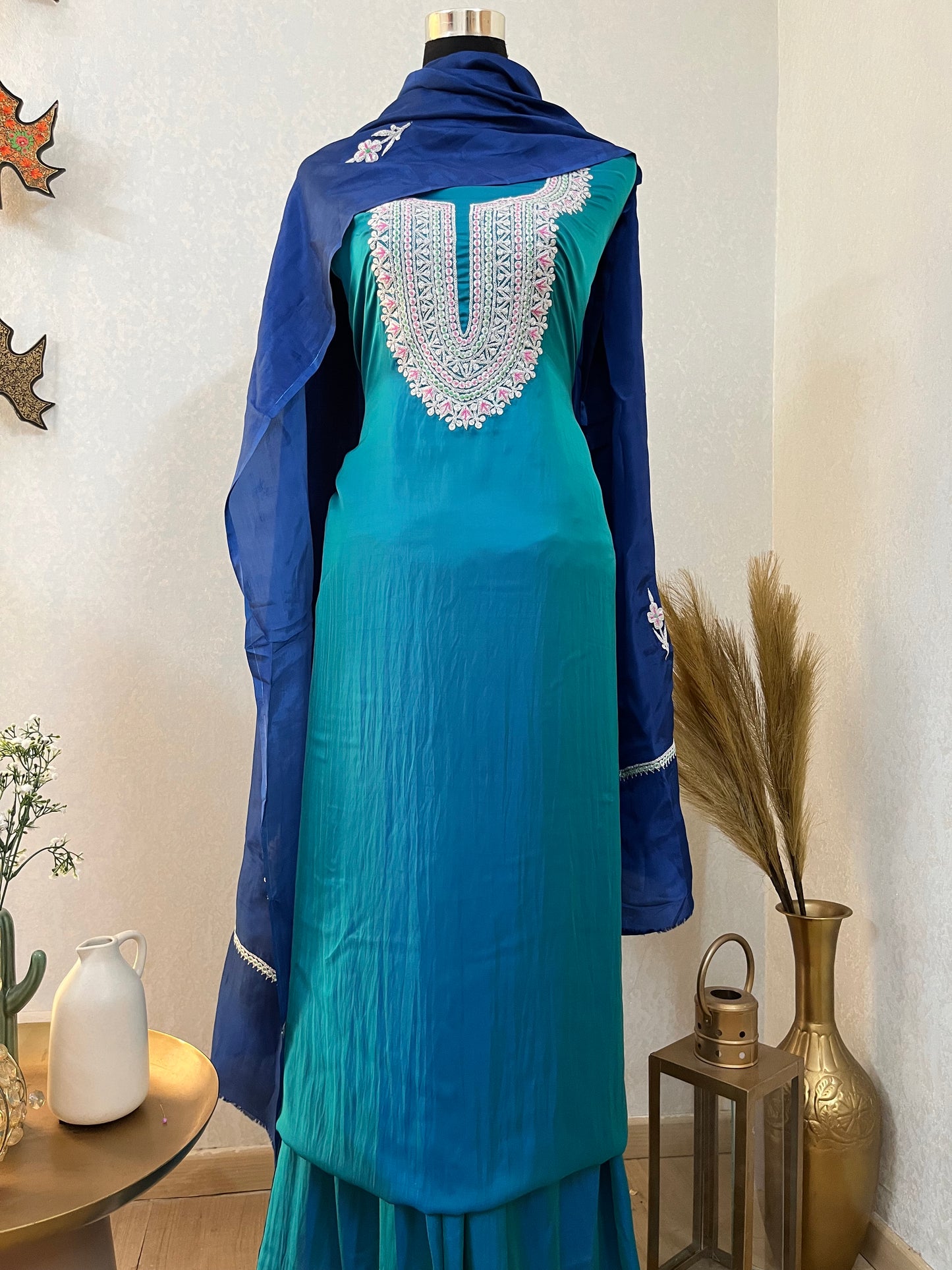 Firozi Silk Puff Tilla Embroidered Suit