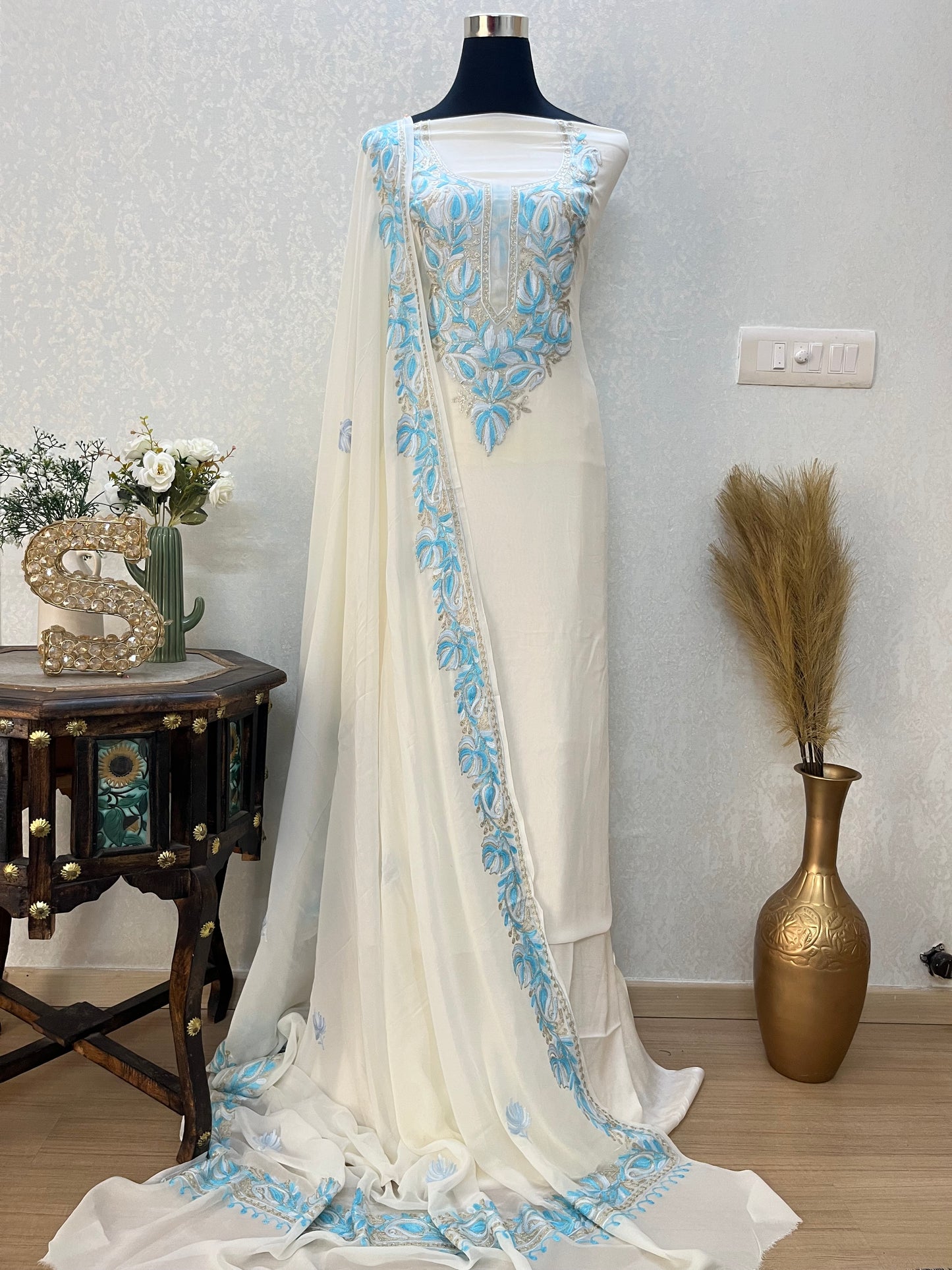 Off White Pure Georgette Kashmiri Suit