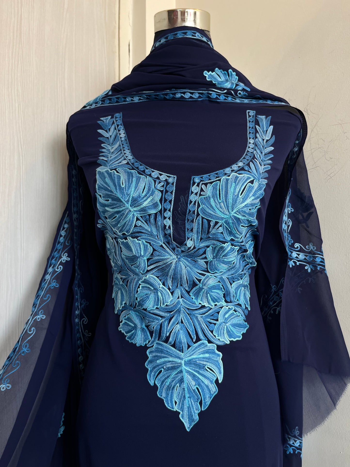 Georgette Blue 3 Pc Aari Embroidered Suit Set