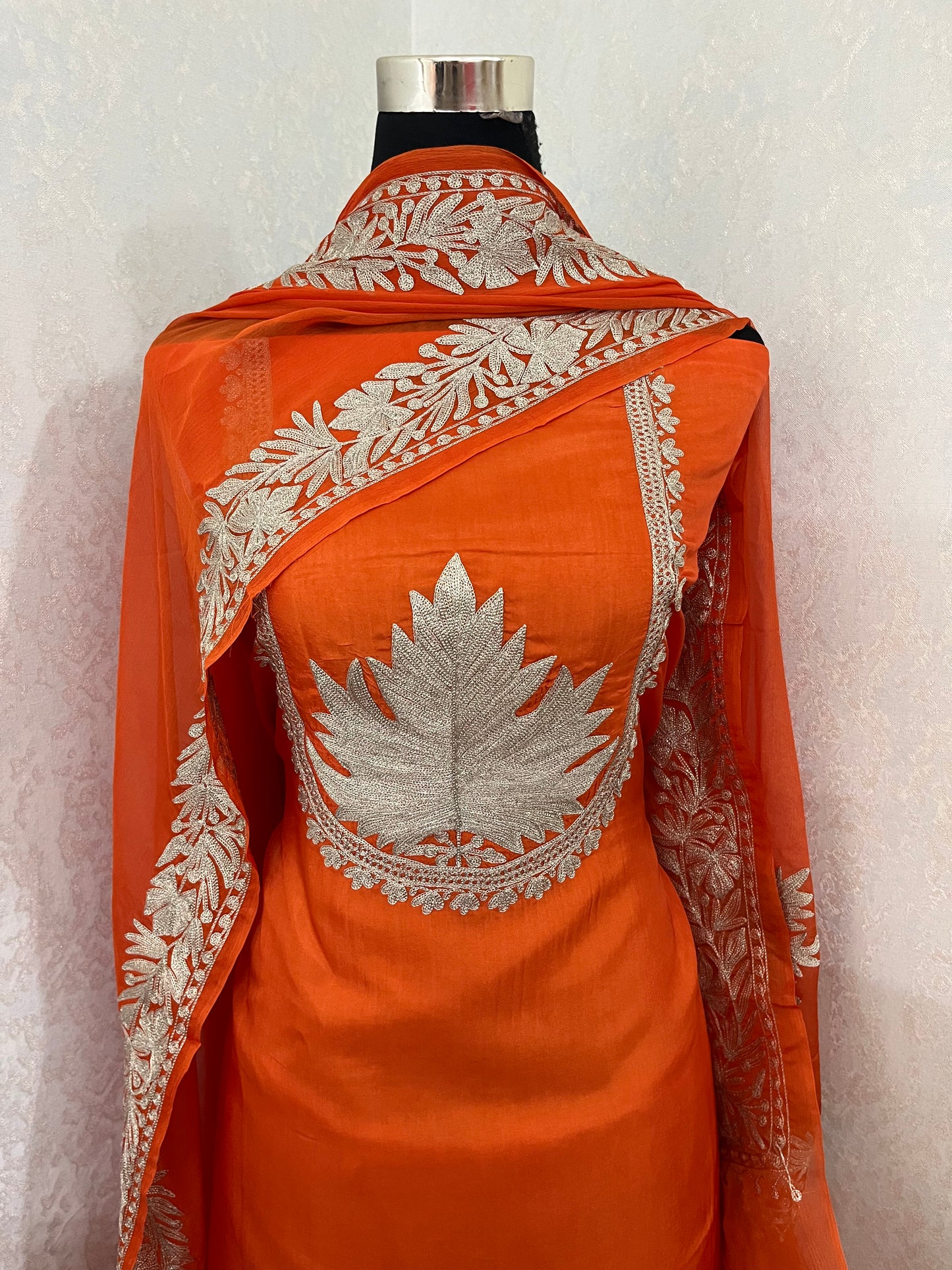 Orange Sanam’ Tilla Kashmiri Silk Suit