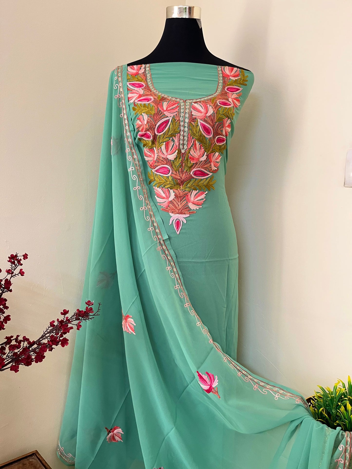 Green Georgette Shirt and Dupatta Aari Embroidered Suit