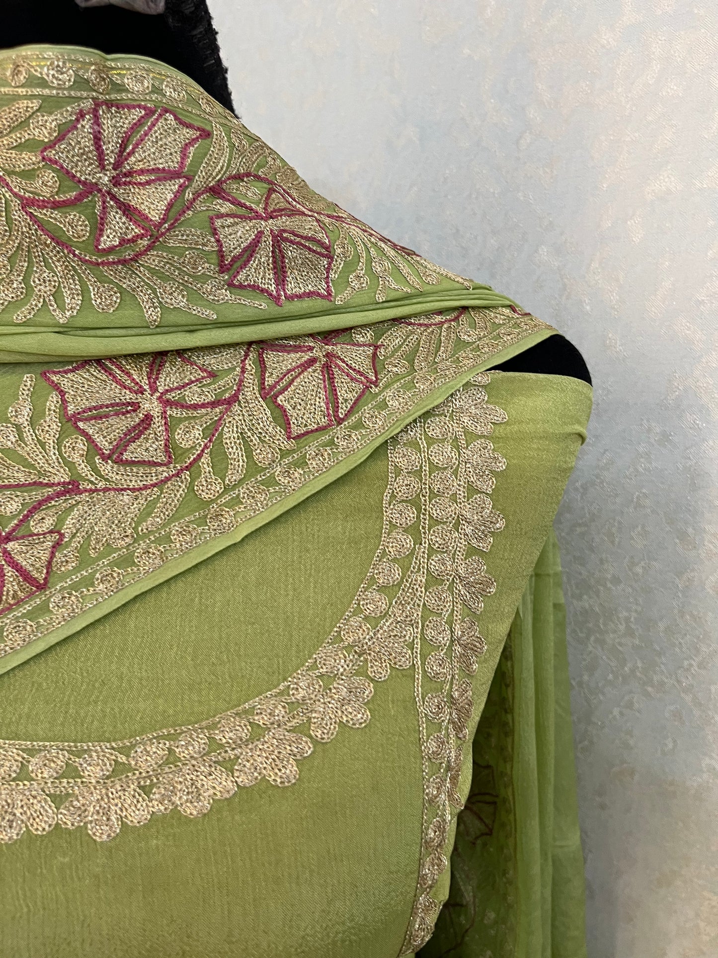 Lime Green Chinon 3 Pc Aari Embroidered Suit