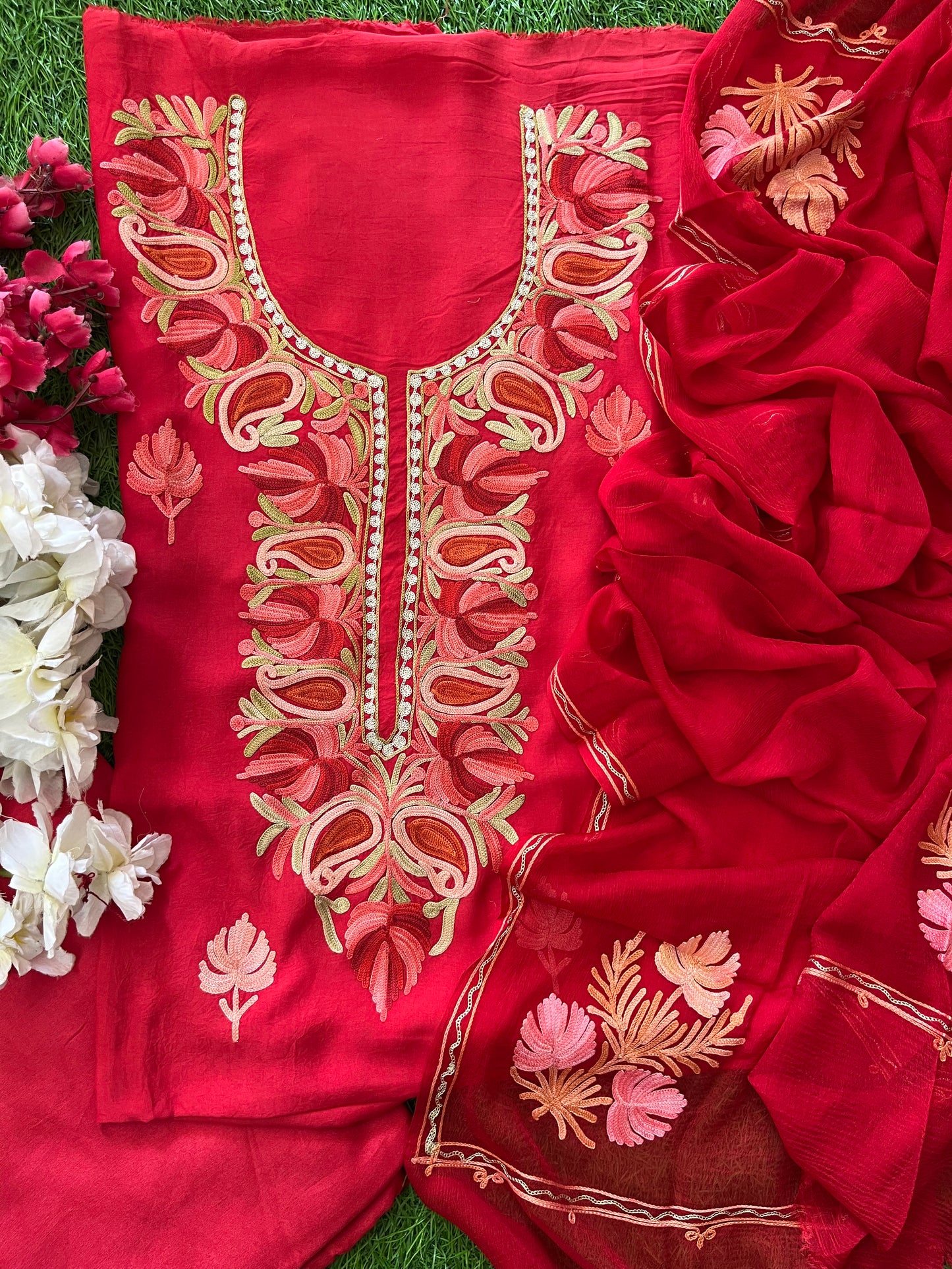 Red Opada Silk Aari Embroidered Suit material