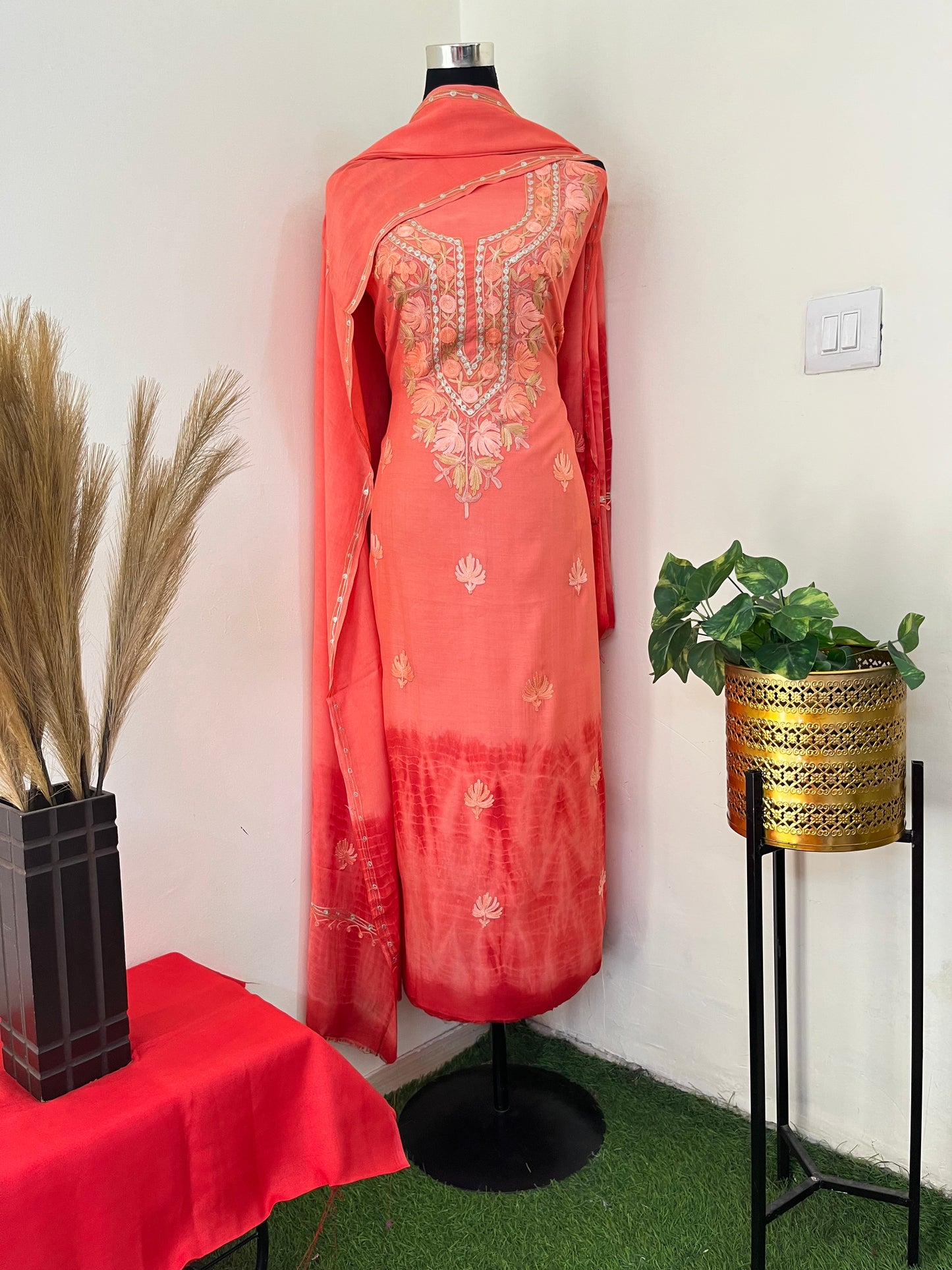 Orange Mul Cotton Shibori Work Kashmiri 3pc Suit