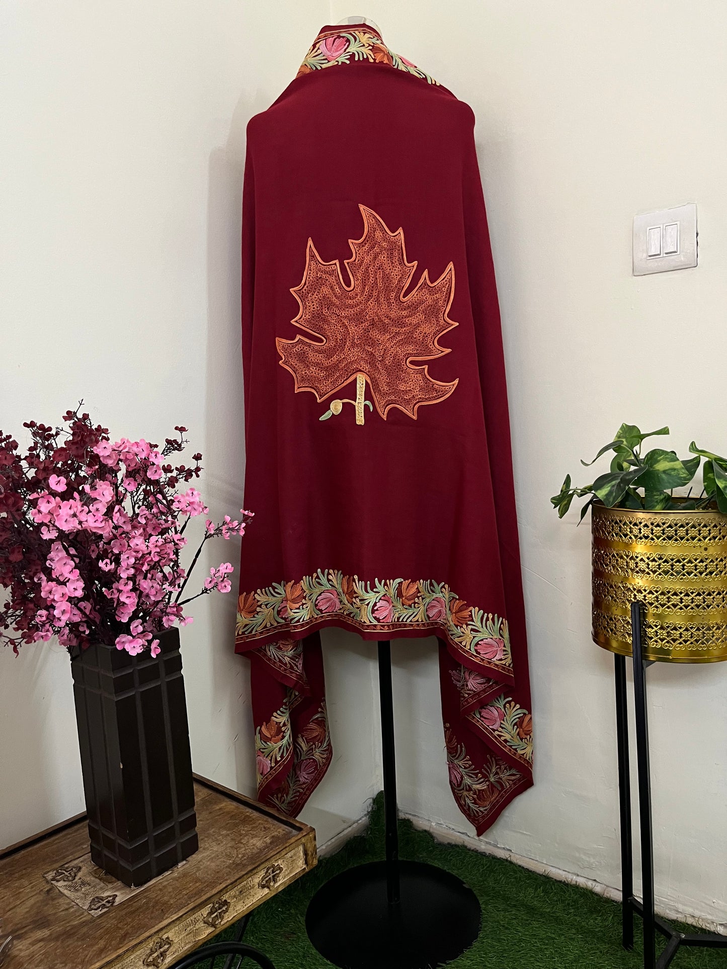 Maroon Aari Embroidered Pure Wool Cape