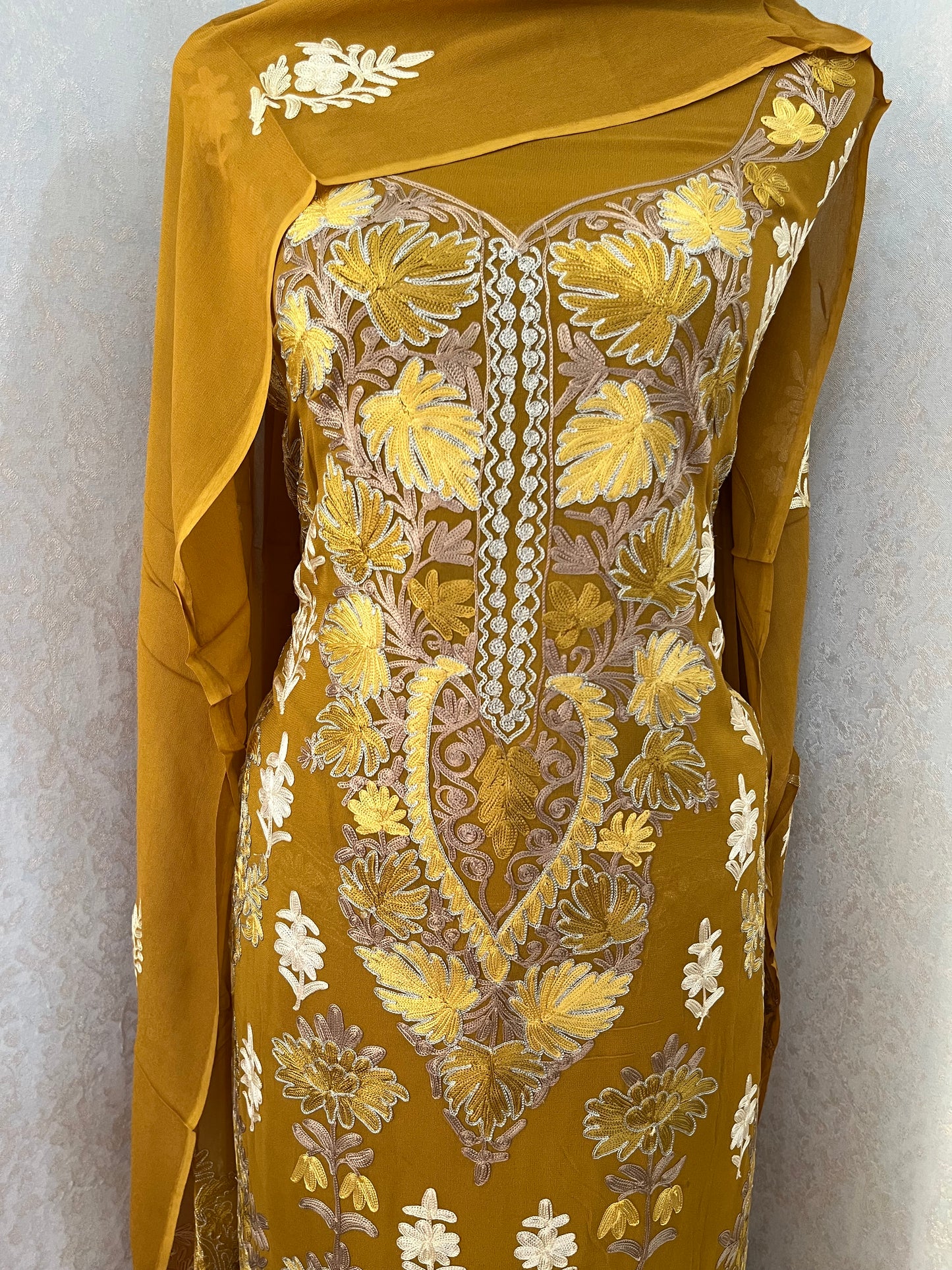 Mustard Pure Georgette 3 Pc Heavy Kashmiri Suit