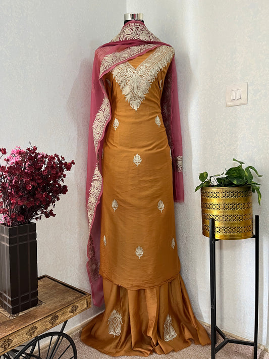 Mustard Brown Chanderi Silk Kashmiri Suit