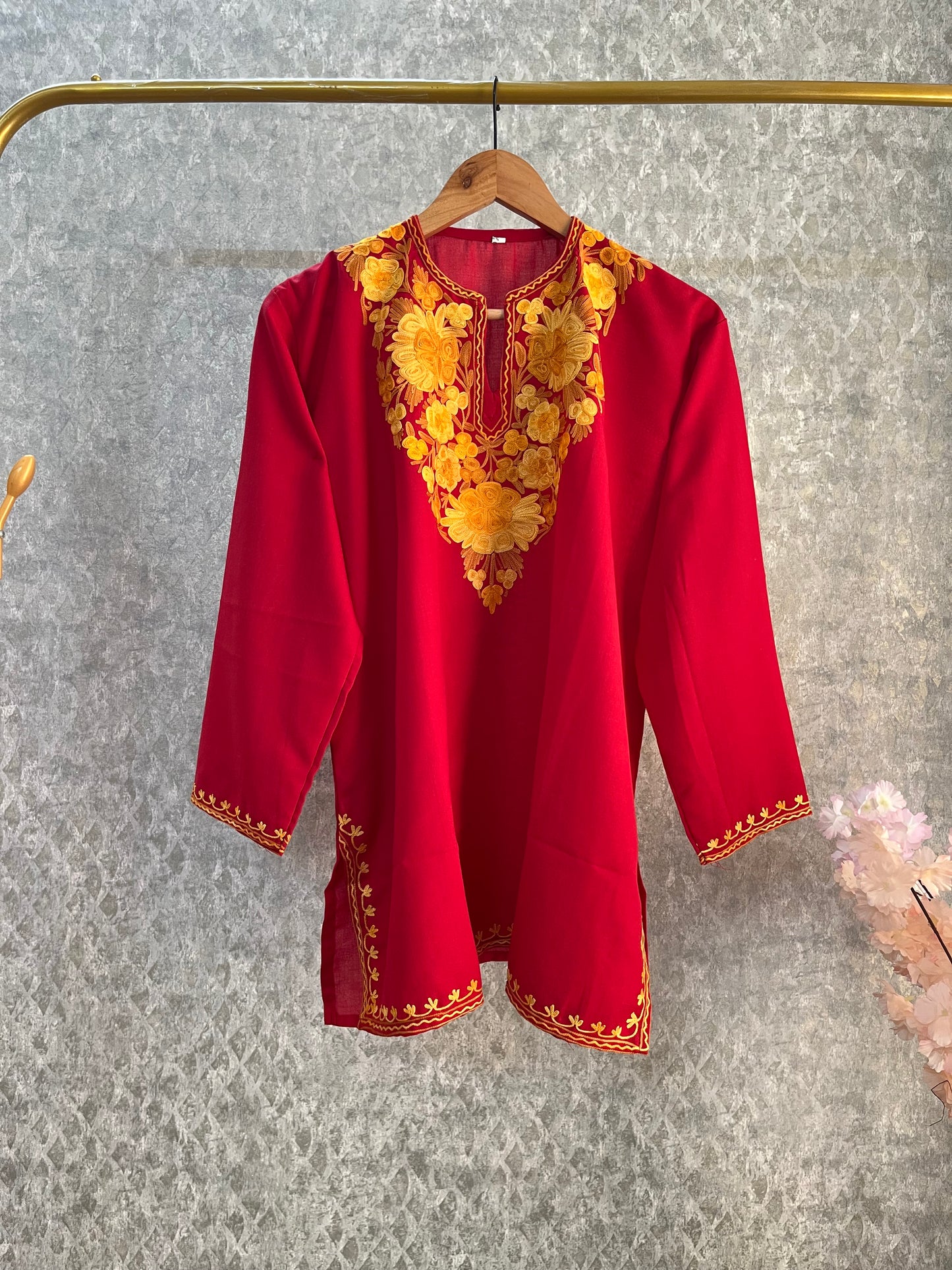 Red Cotton Aari Work Kurti