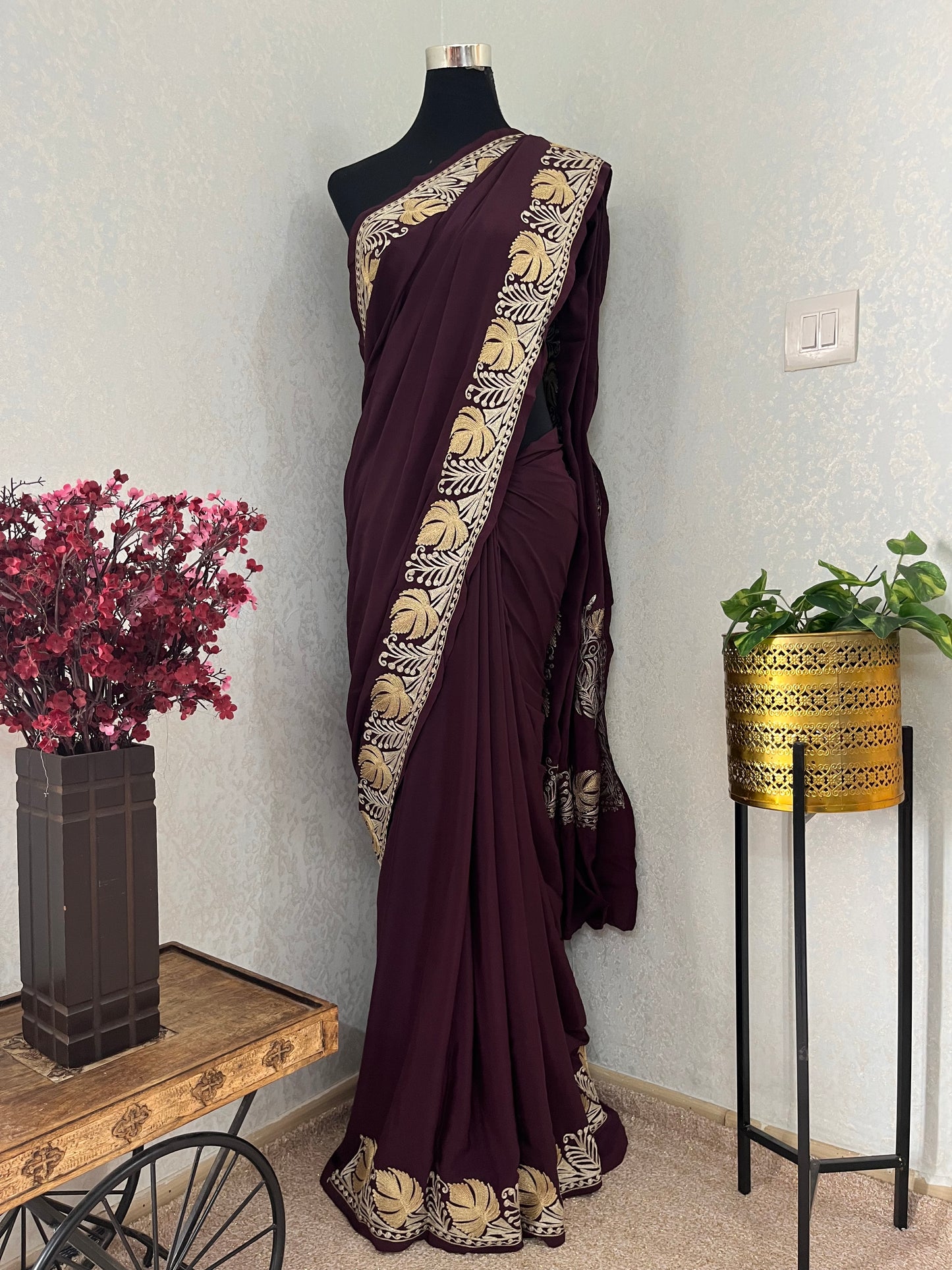 Wine Crape Kashmiri Tilla Saree