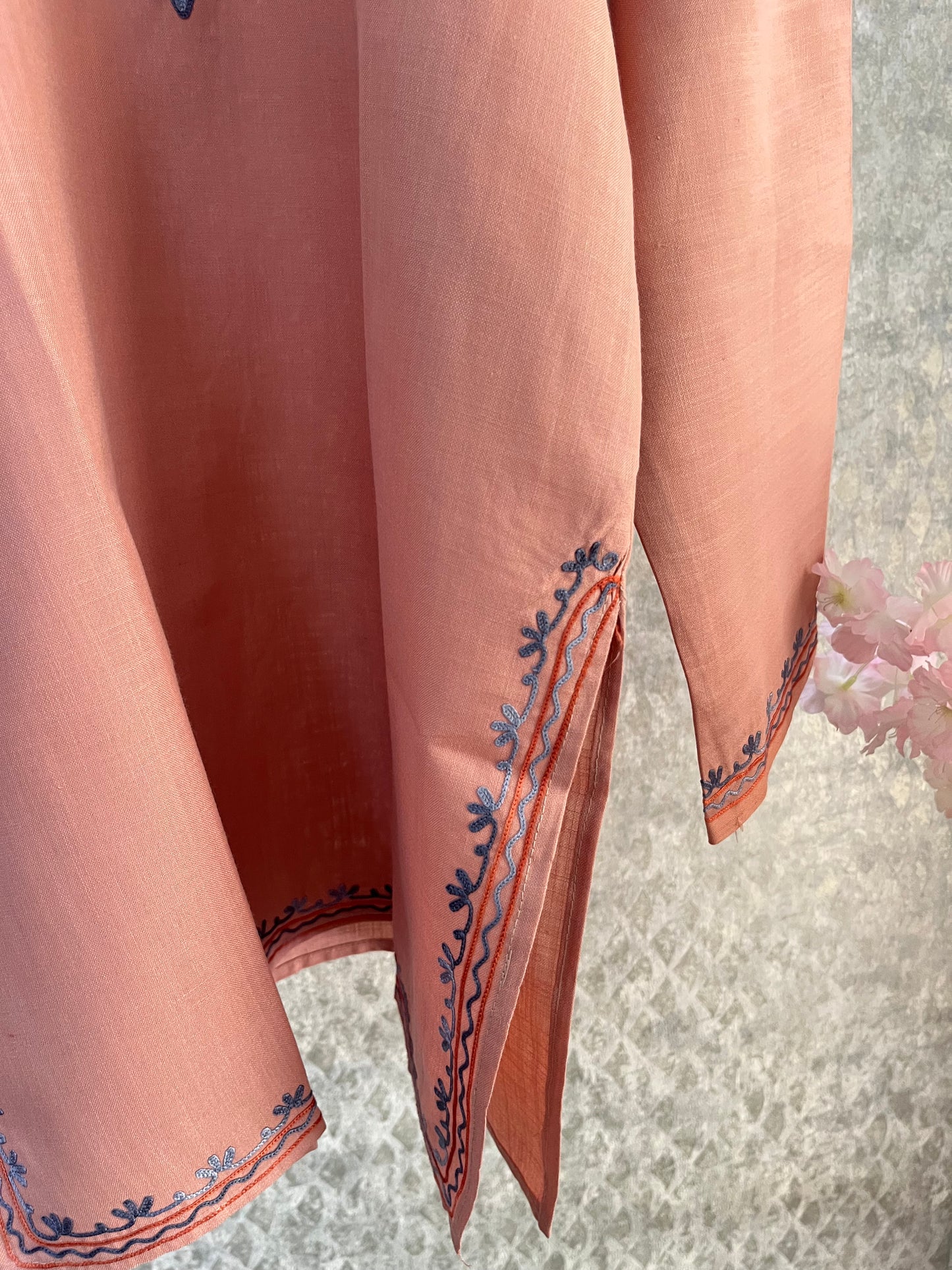 Soft Pink Cotton Aari Work Kurta