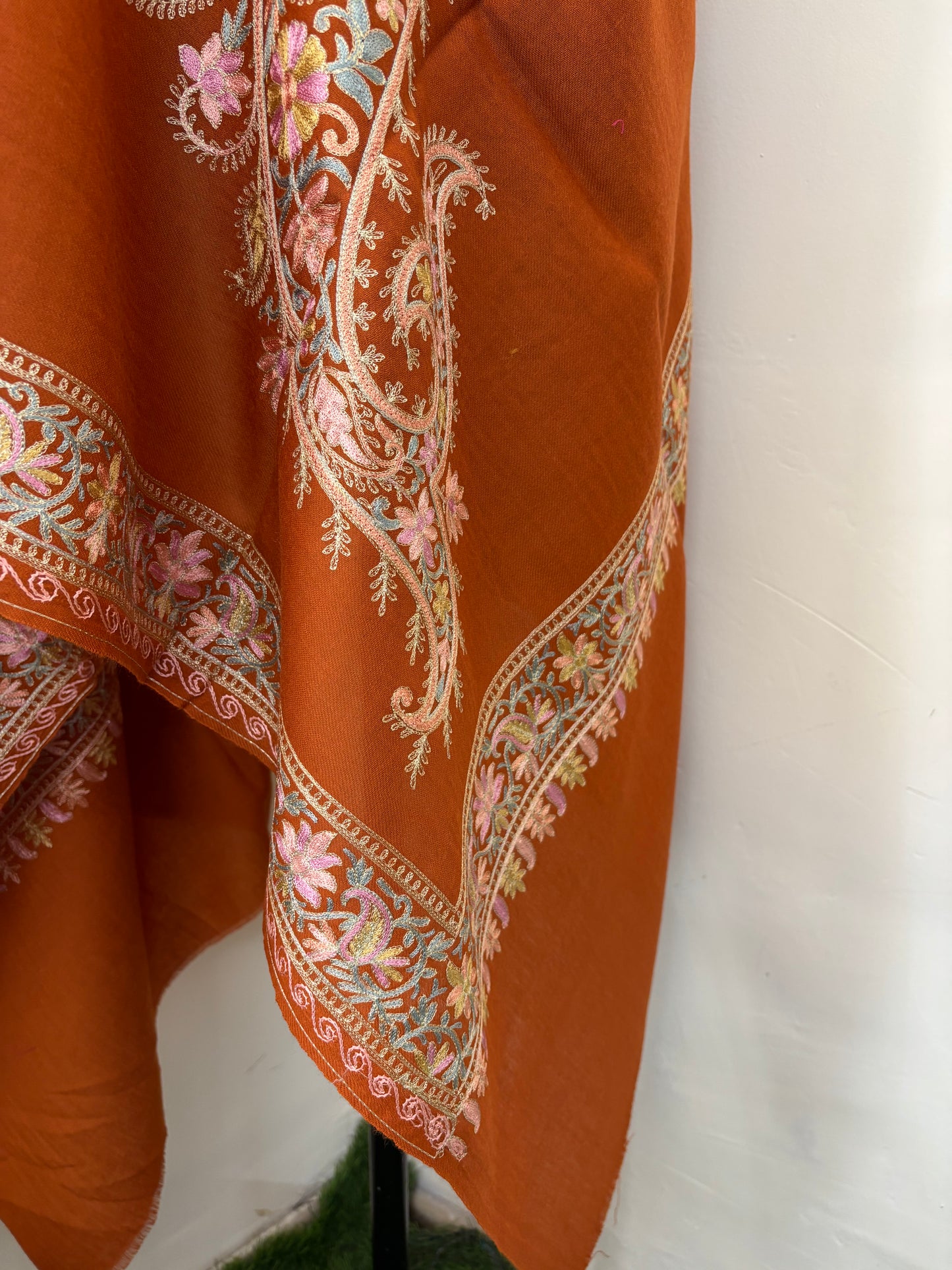 Orange Silk Thread Ambi Aangan Embroidered Fine Semi Pashmina stole