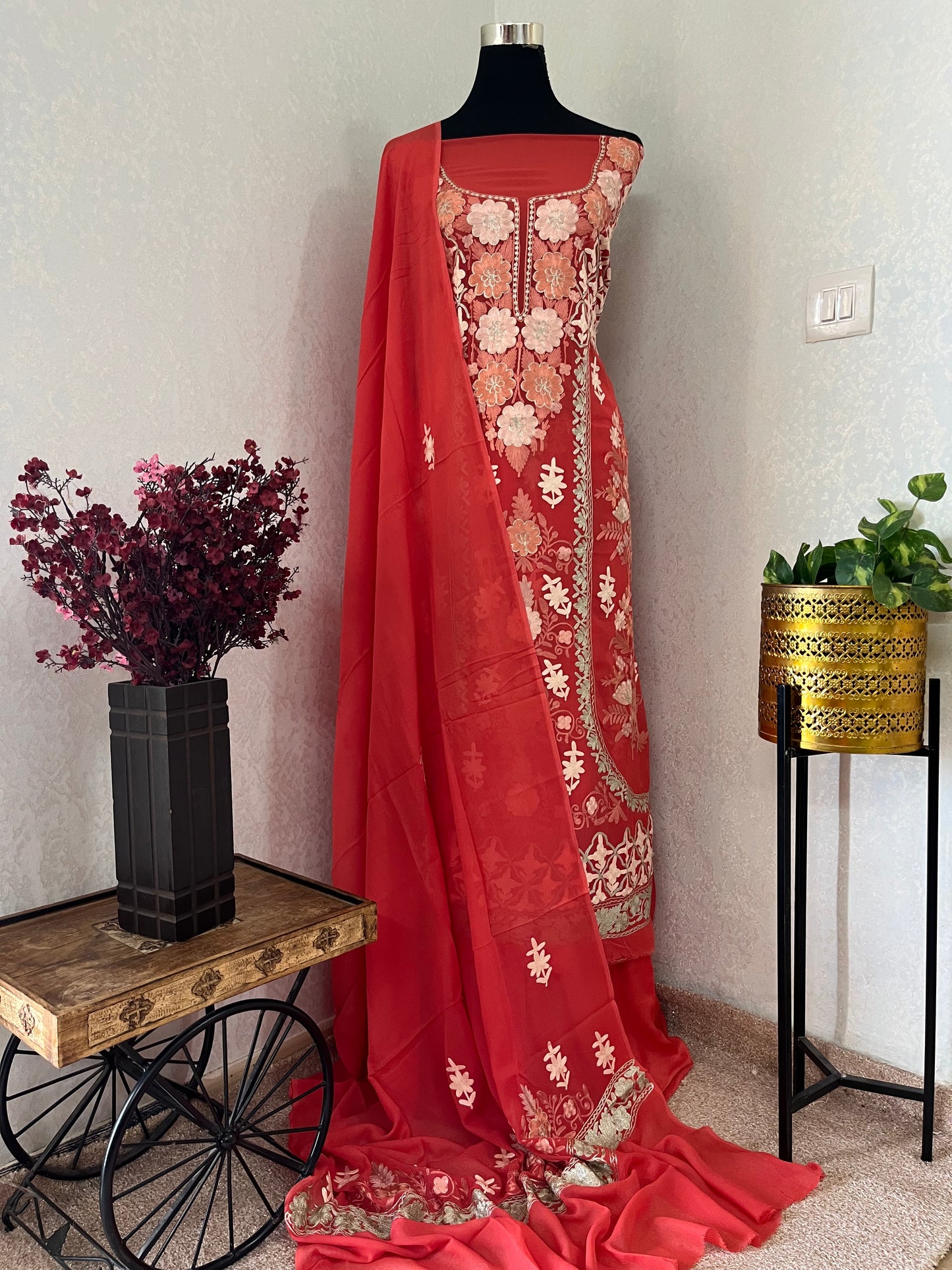 Soft Peach Pure Georgette 3 Pc Heavy Kashmiri Suit