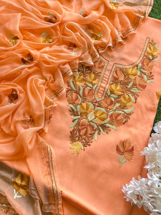 Peach Muslin Cotton Aari Embroidered 3pc set