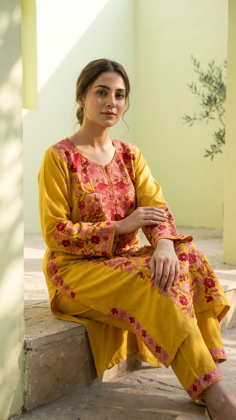 Yellow Cotton Front Jaal Pheran Set Size (46)
