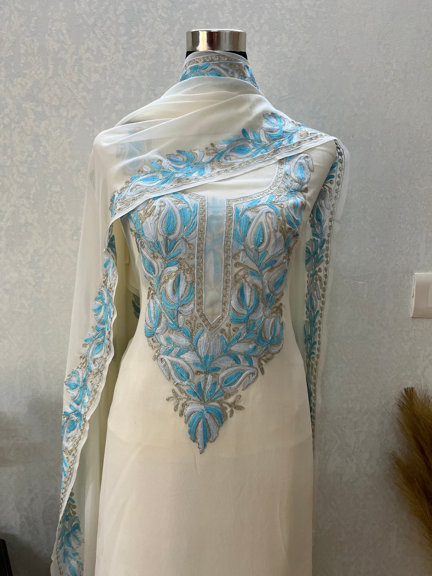 Off White Pure Georgette Kashmiri Suit