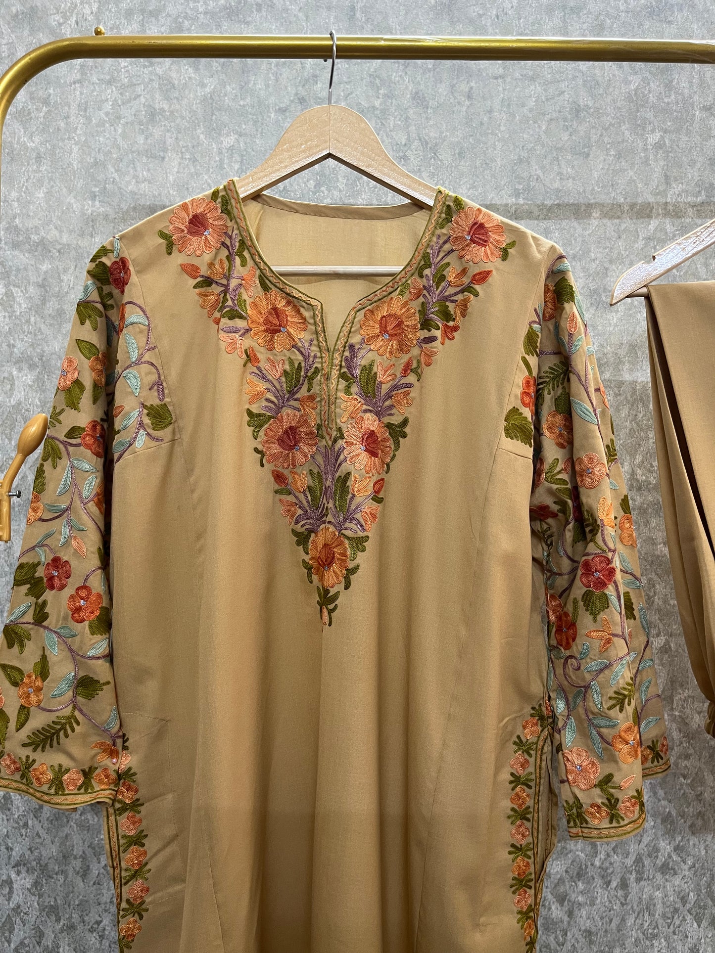 Beige Cotton Arm Jaal Pheran Set