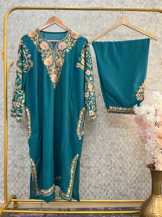 Deep Green Cotton Arm Jaal Pheran Set