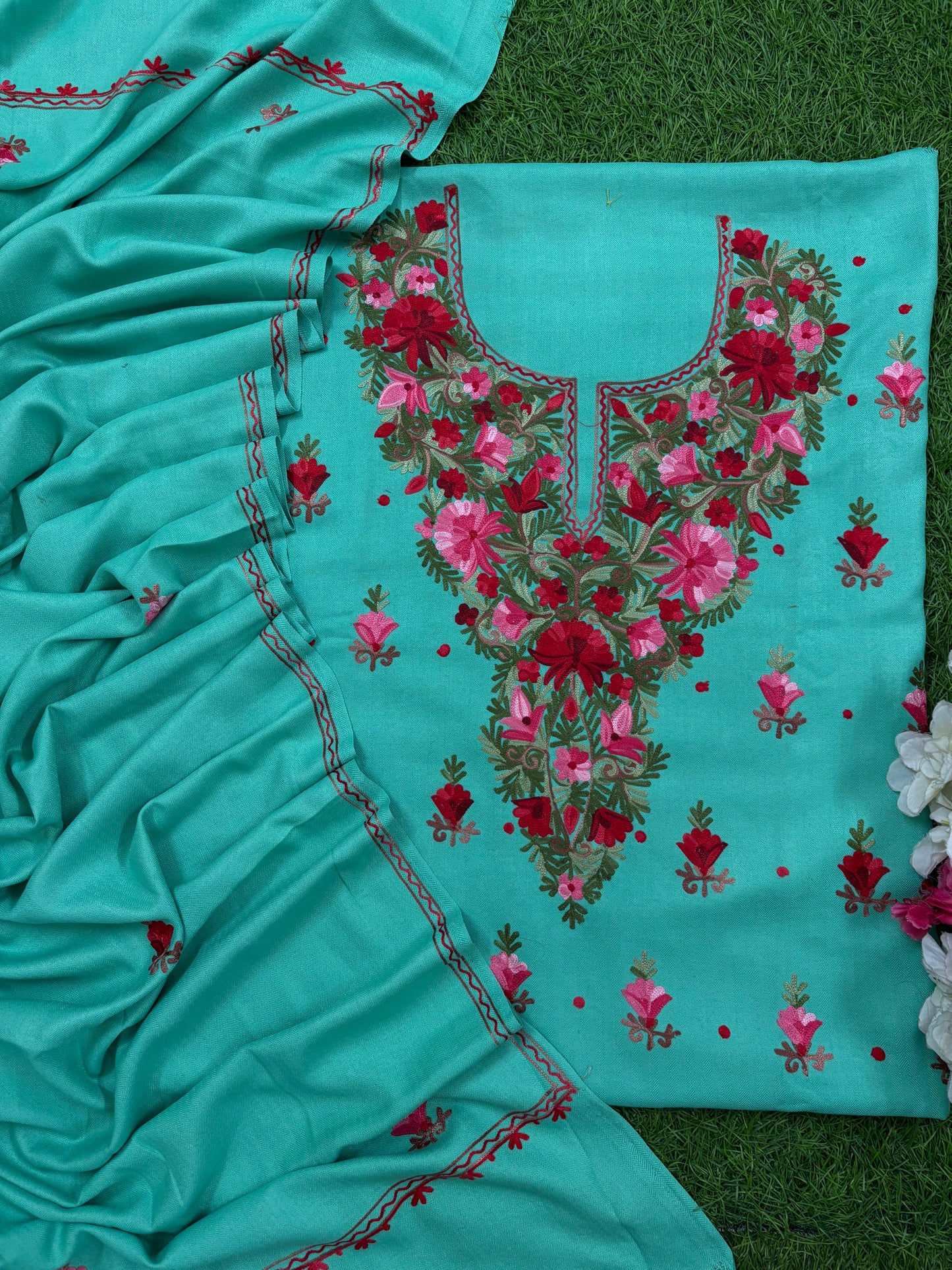 Sea Green Woollen Aari Embroidered 3pc suit