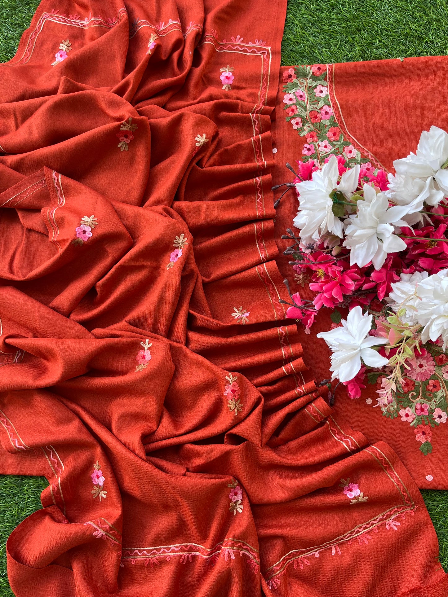 Rust Orange Woollen Aari Embroidered 3pc suit