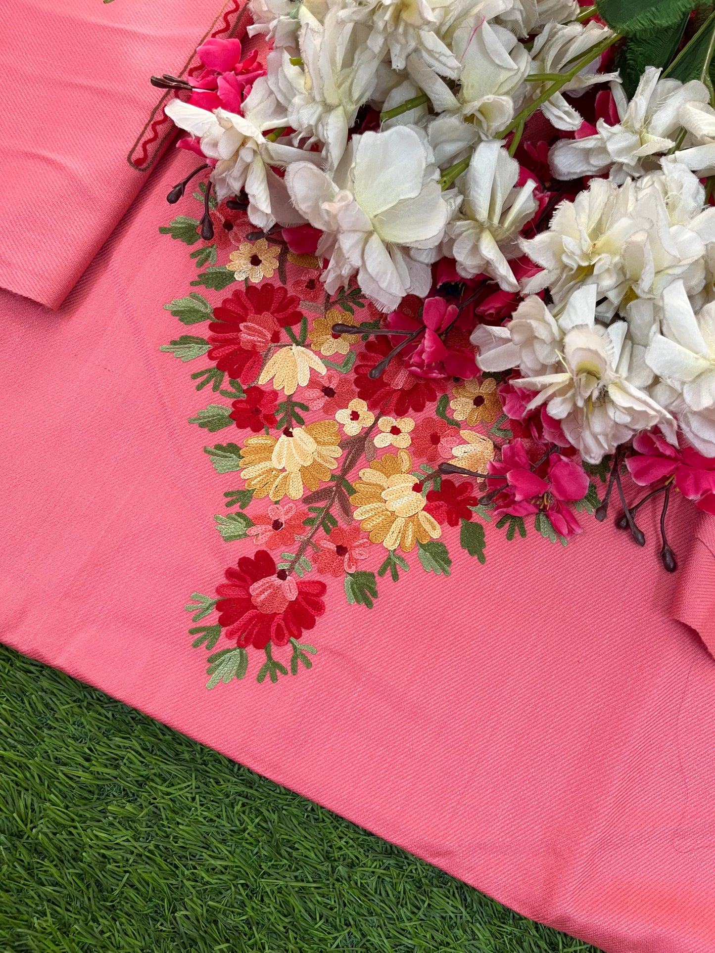 Pink Woollen Aari Embroidered 2pc suit 5mtr