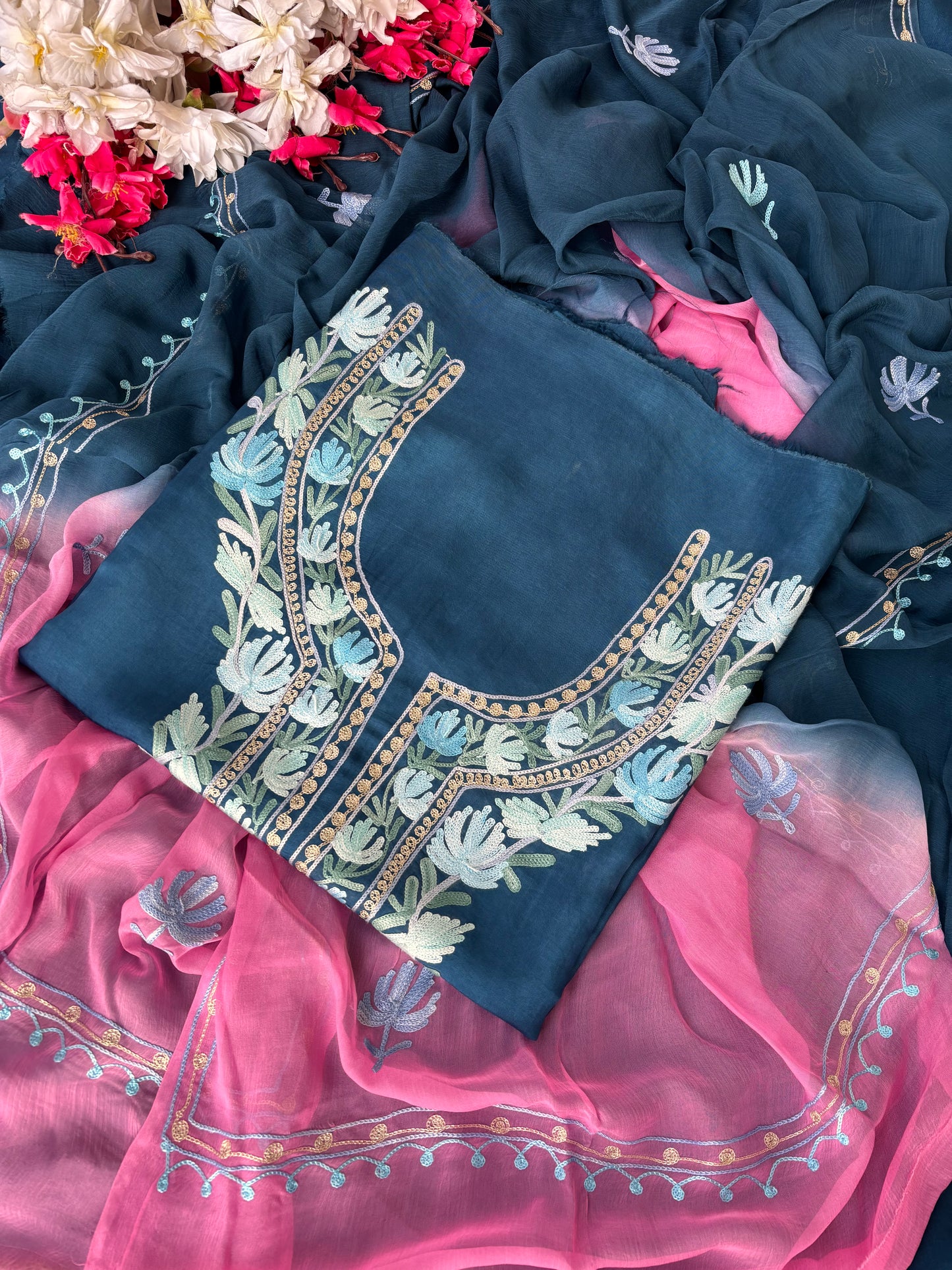 Blue Opada Silk Kashmiri Suit