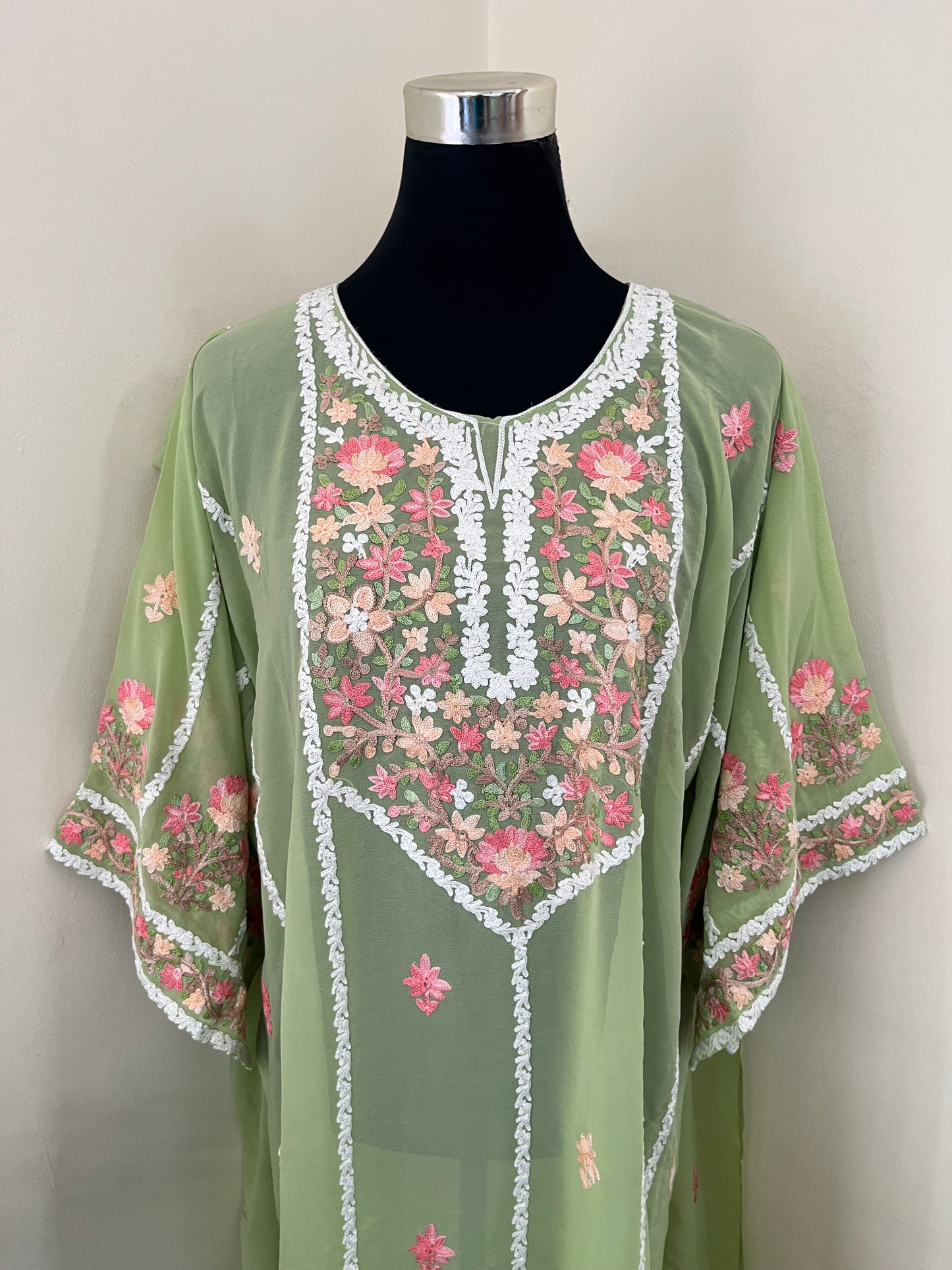 Tea Green Georgette All over Work Aari Embroidered Unstitched Kurta