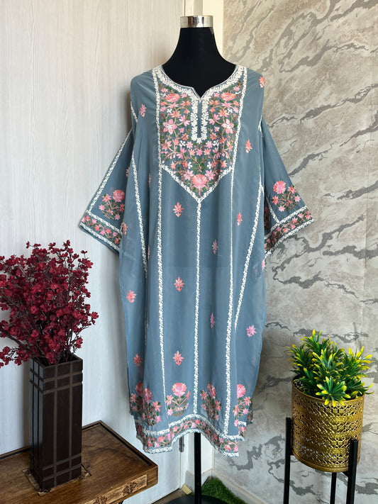 Bluish Grey Georgette All over Work Aari Embroidered Unstitched Kurta Material