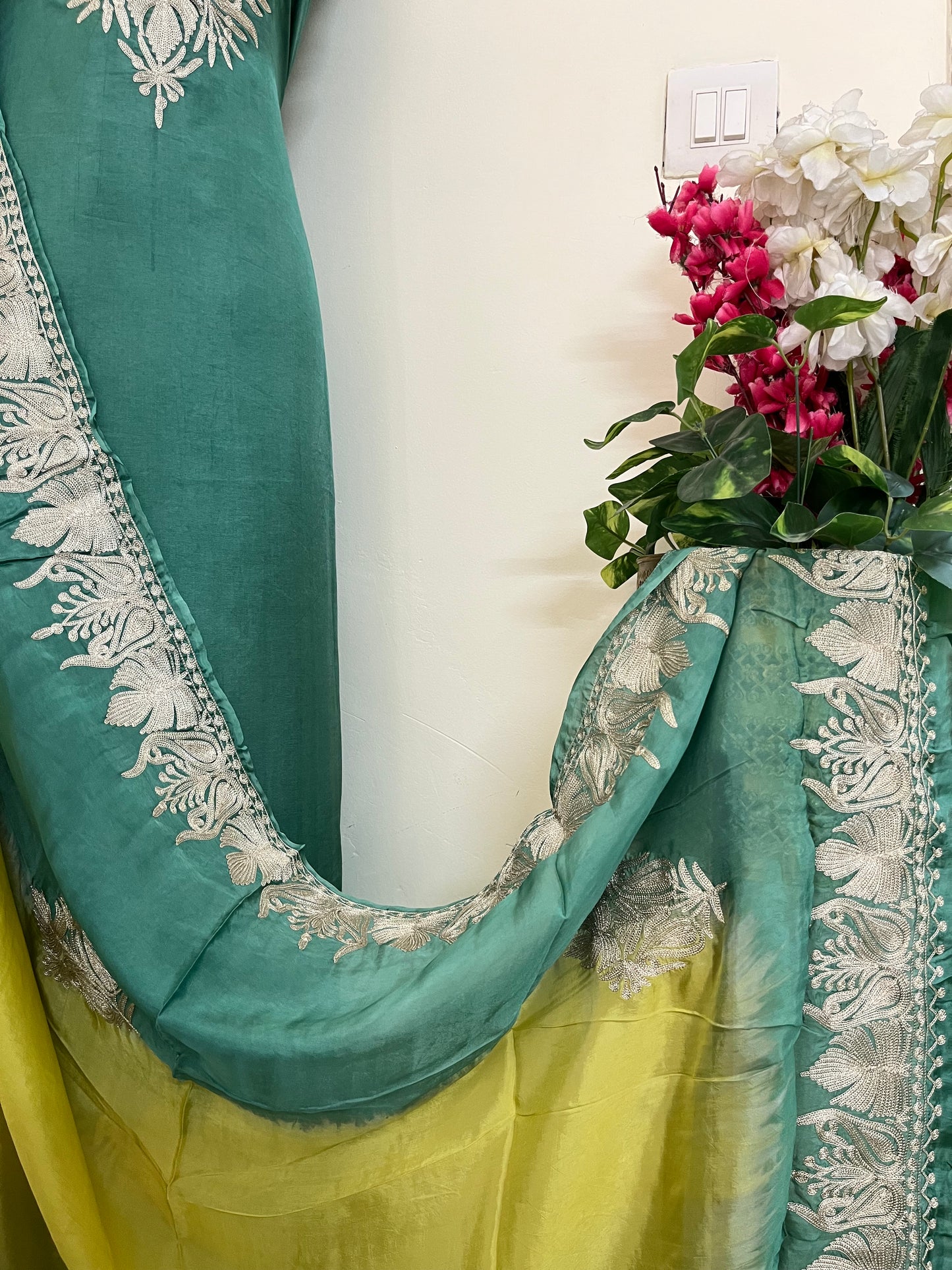 Sanam Pastel Green Silk Kashmiri Suit