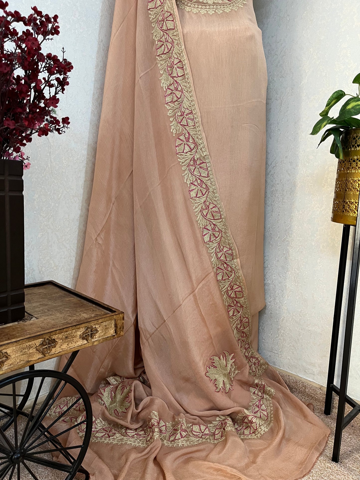 Peach Chinon 3 Pc Aari Embroidered Suit