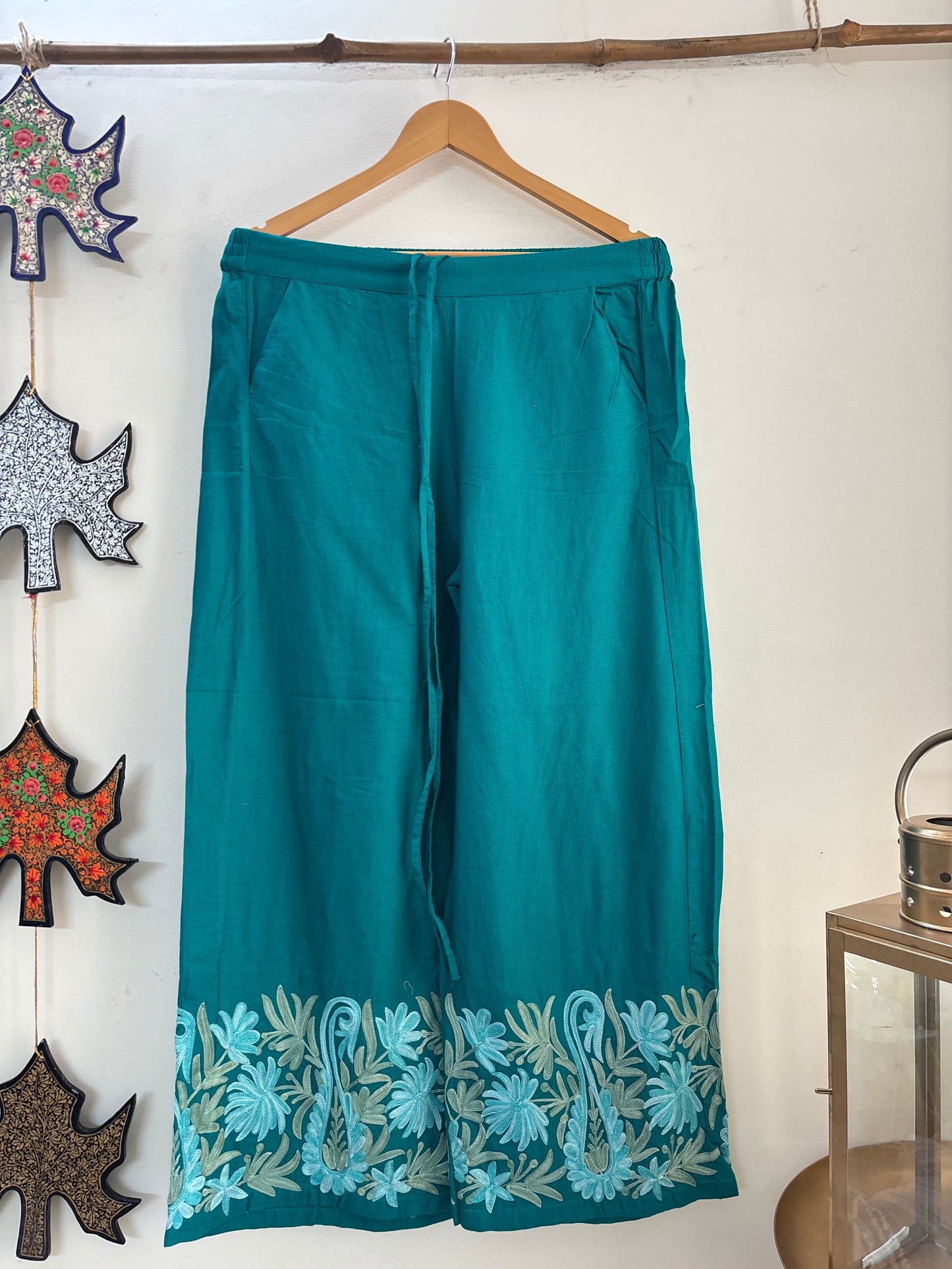 Women Green  Wide Leg Aari Embroidered Palazzos ‘M’
