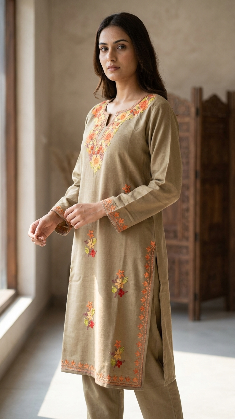 Beige Woollen Kashmiri Co-Ord Set ( Size 42)