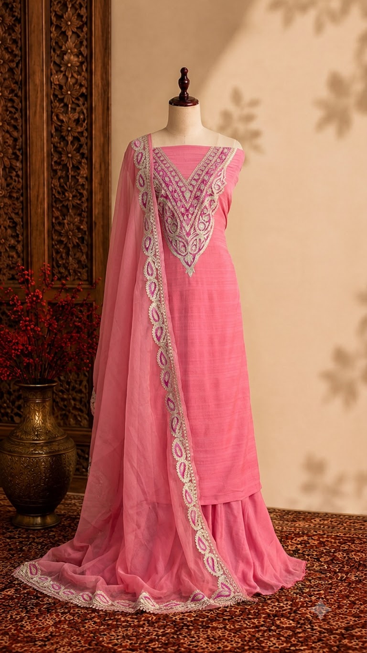 Bubbly Pink Russian Silk Kashmiri Suit
