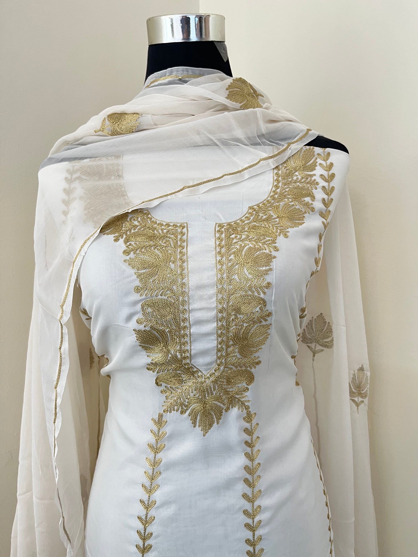 Sanam’ Ivory White Silk Tilla Embroidered Suit material