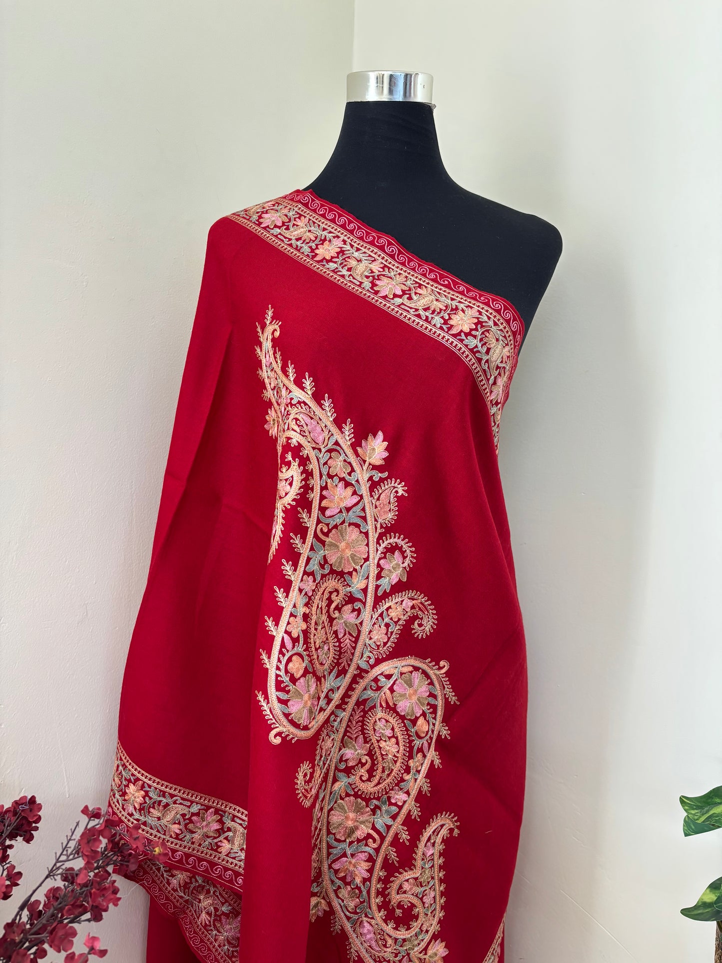 Red Silk Thread Ambi Aangan Embroidered Fine Semi Pashmina stole