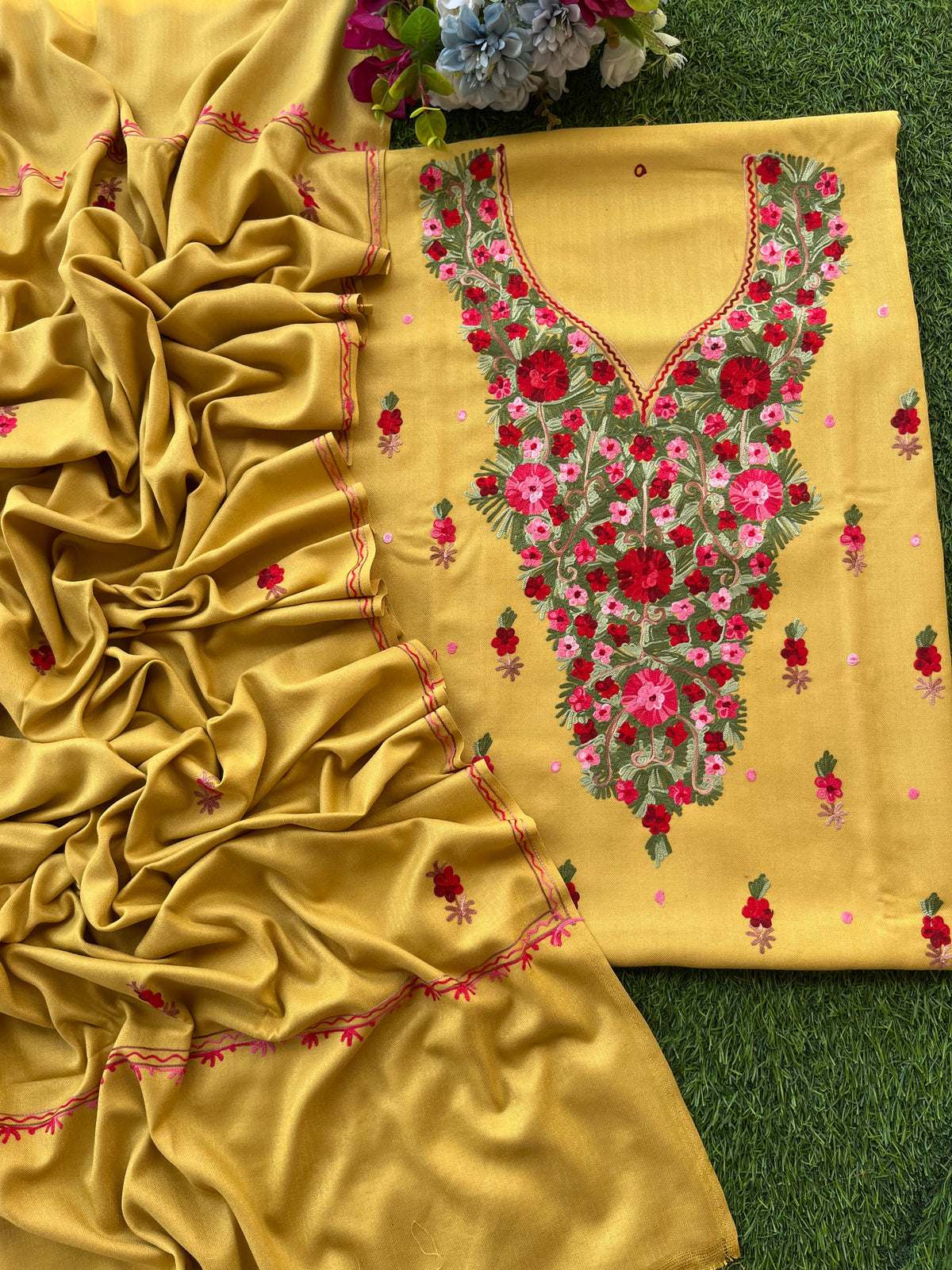 Yellow Woollen Aari Embroidered 3pc suit