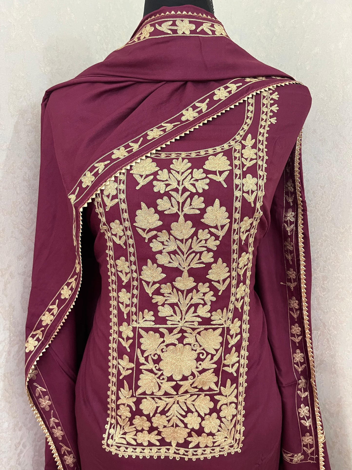 Wine Silk Pashmina Kashmiri Suit