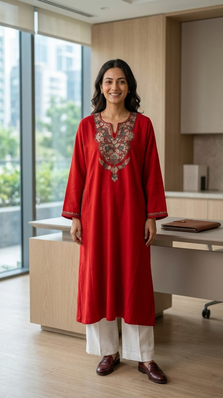 Red Aari Embroidered Wool Pheran