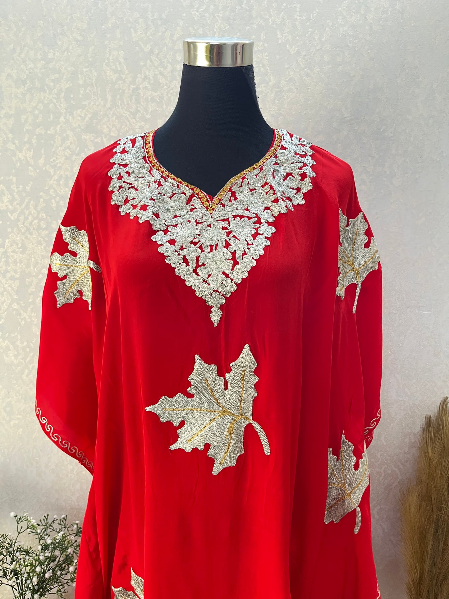 Red Crape Kashmiri Kaftan Set
