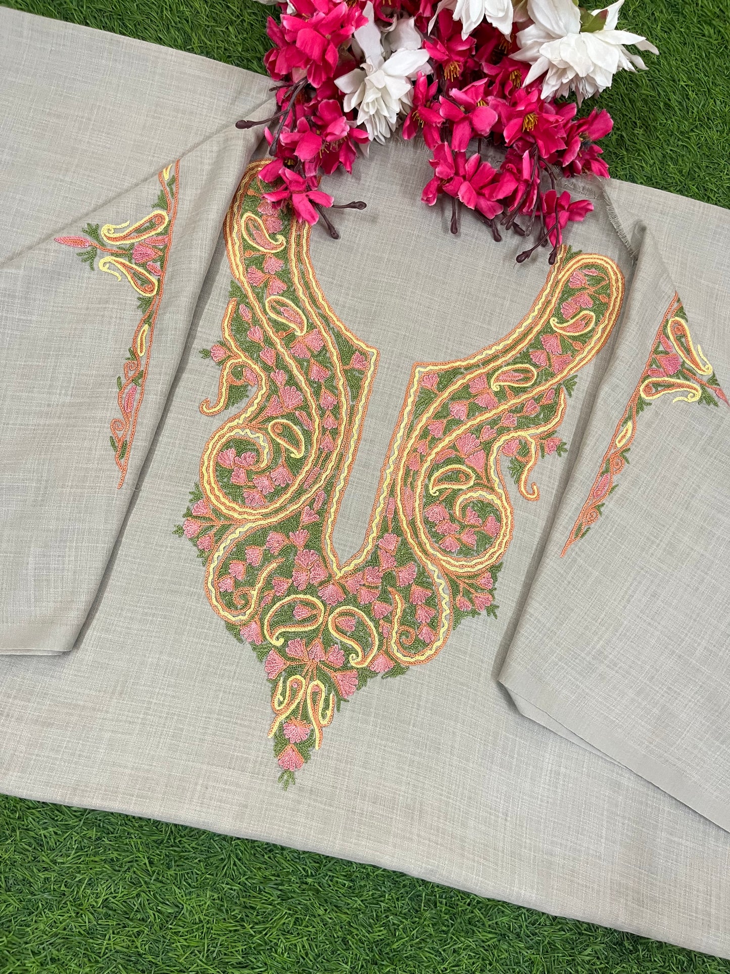 Beige Cotton Two Piece Suit (Hand Embroidered)