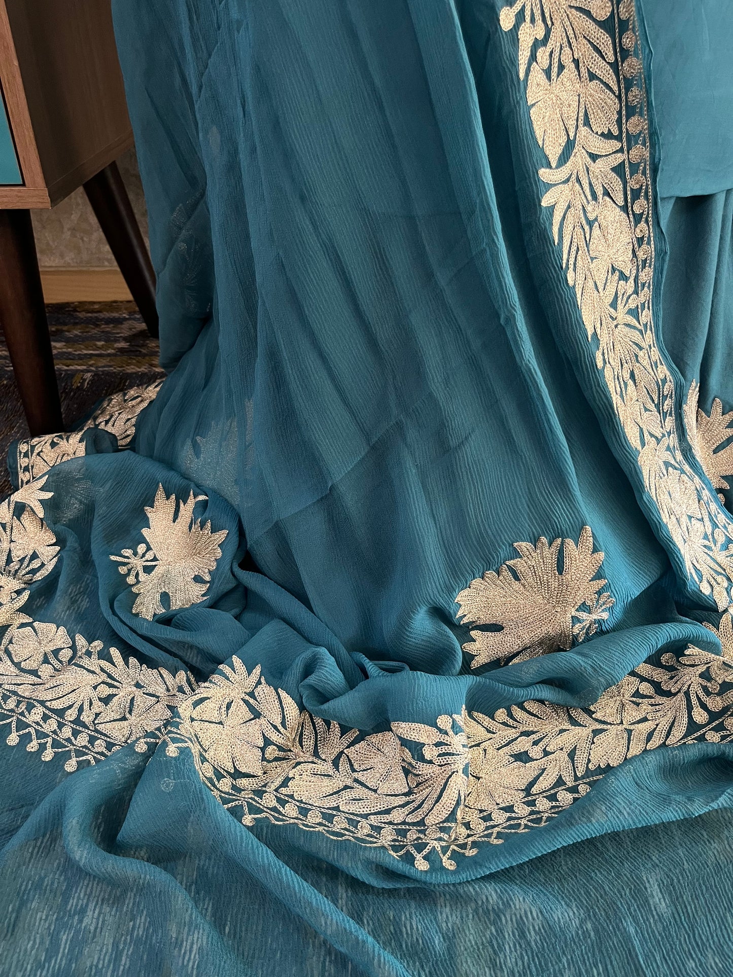 Teal Blue Sanam’ Tilla Kashmiri Silk Suit
