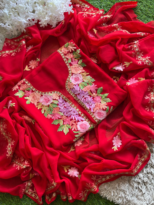 Georgette Tomato Red Shirt Dupatta Aari Embroidered set