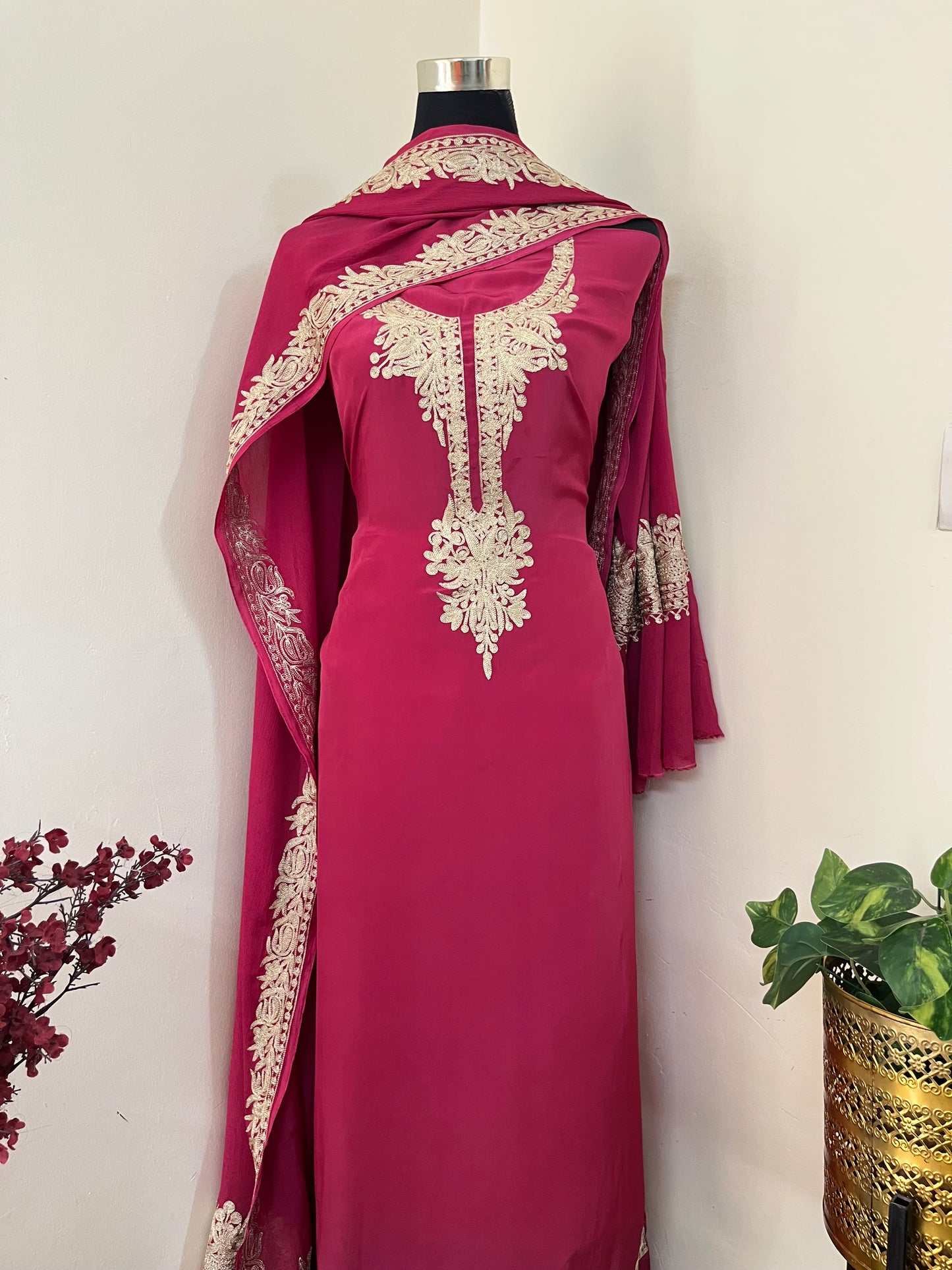 Fuchsia Pink Crape Kashmiri Suit